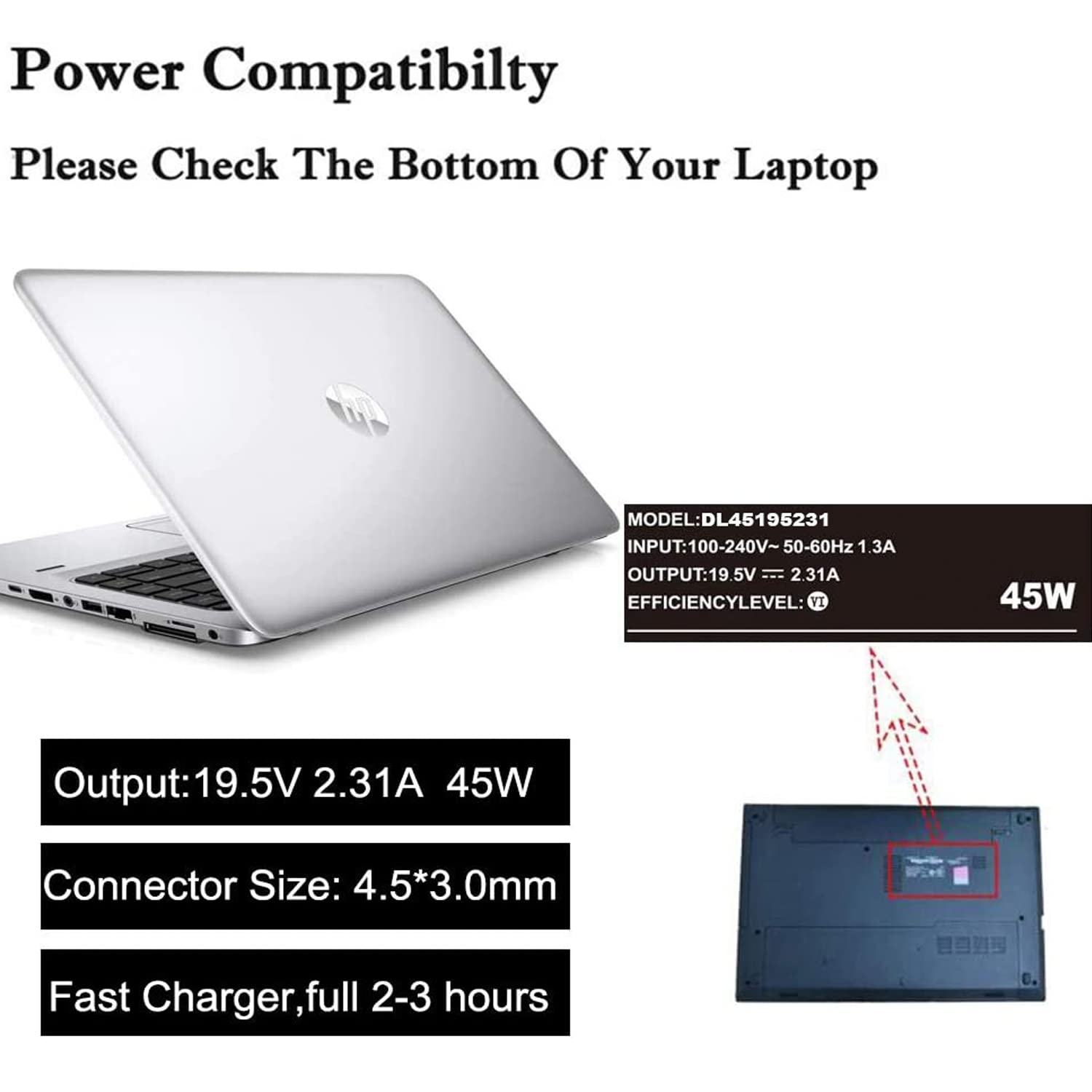 HP Laptop 45W Smart Blue Tip Power Adapter Replacement - Perfect for Home, Office & Travel Charging