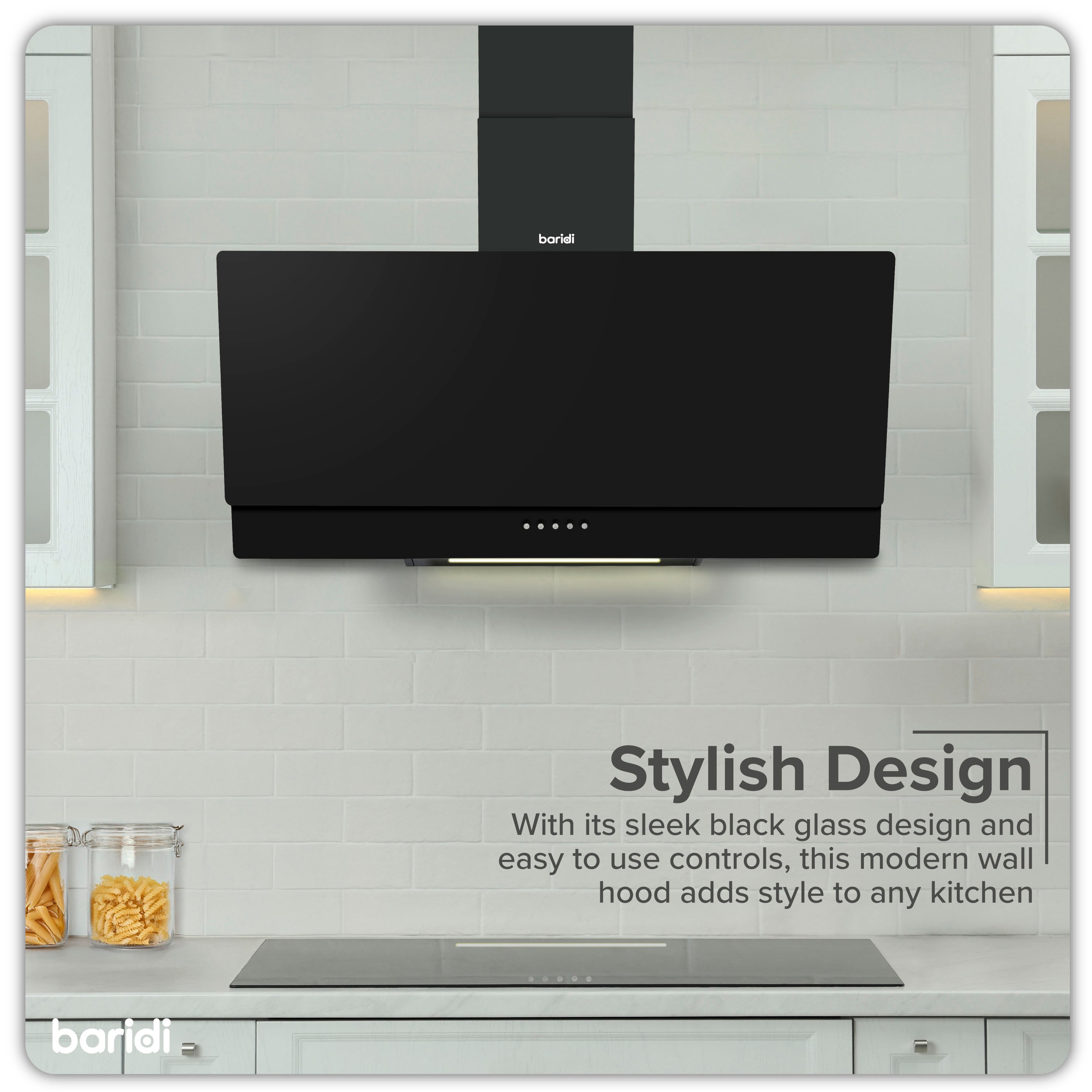 Baridi 90cm Angled Chimney Cooker Hood with Carbon Filters & LED Light - Black Glass Kitchen Extractor Fan - DH106 - Perfect for Modern Kitchens & Open-Plan Living Spaces