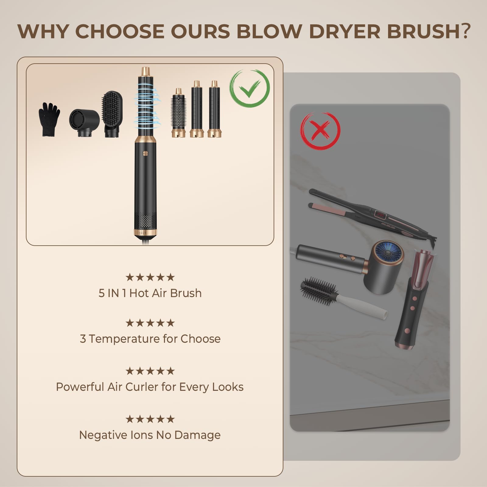 5 in 1 Blow Dryer Brush for Hair Styling - Upgraded Hot Air Brush with Negative Ion Technology, Detachable Air Curler & Straightener - Perfect for Drying, Curling, and Styling at Home or Salon