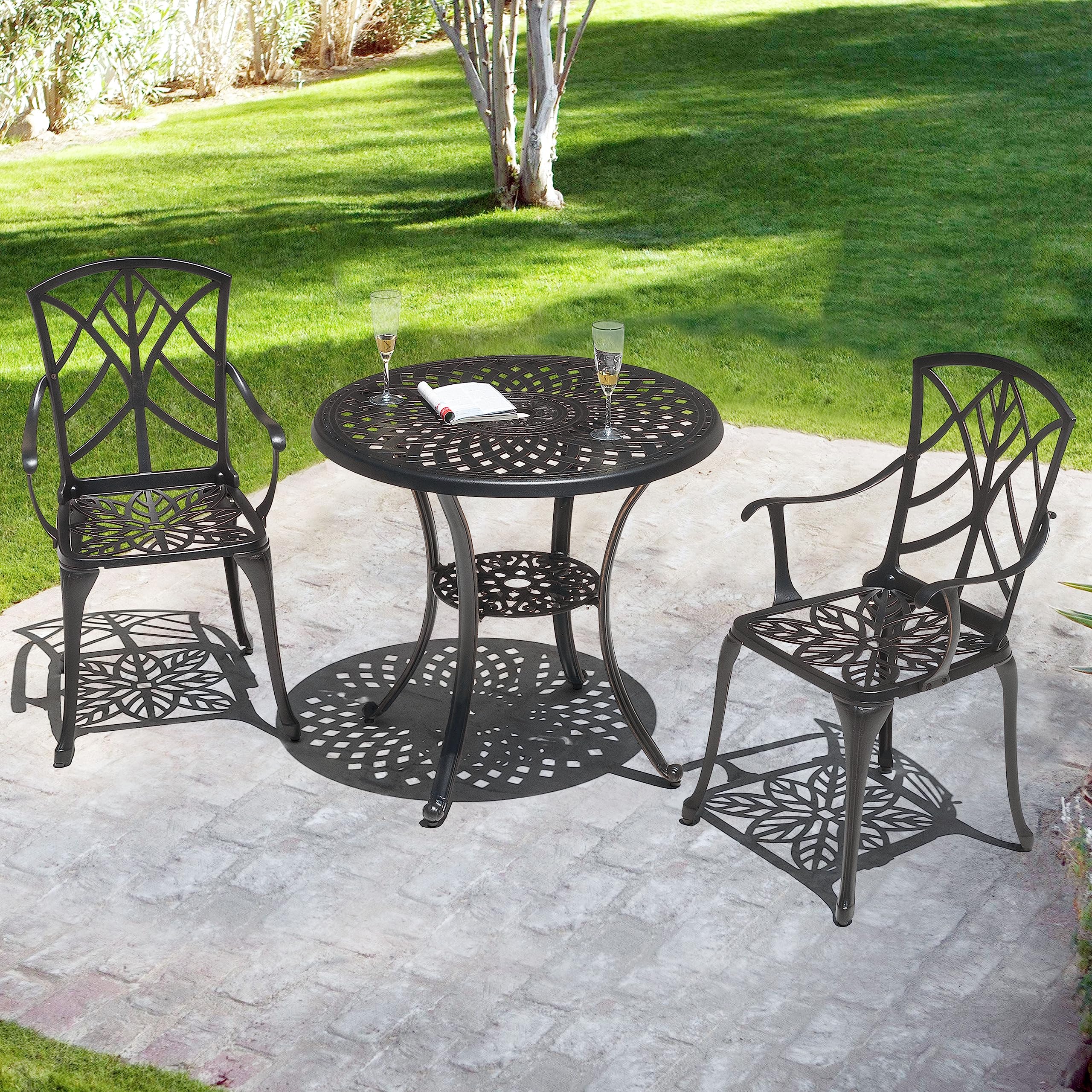 NUU GARDEN 31 Inch Round Outdoor Dining Table - Cast Aluminum Patio Table with Umbrella Hole - Weather-Resistant Bistro Table for Backyard, Garden, Deck, Porch - Black with Antique Bronze Trim - Perfect for Outdoor Entertaining & Dining Al Fresco