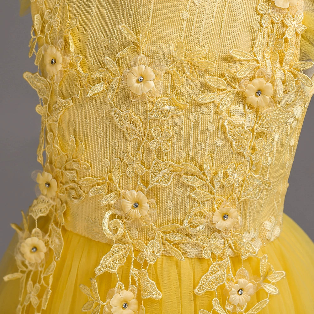 Elegant Yellow A-Line Round Floor-Length Lace Flower Girl Dress for Weddings, Baptisms & Special Occasions