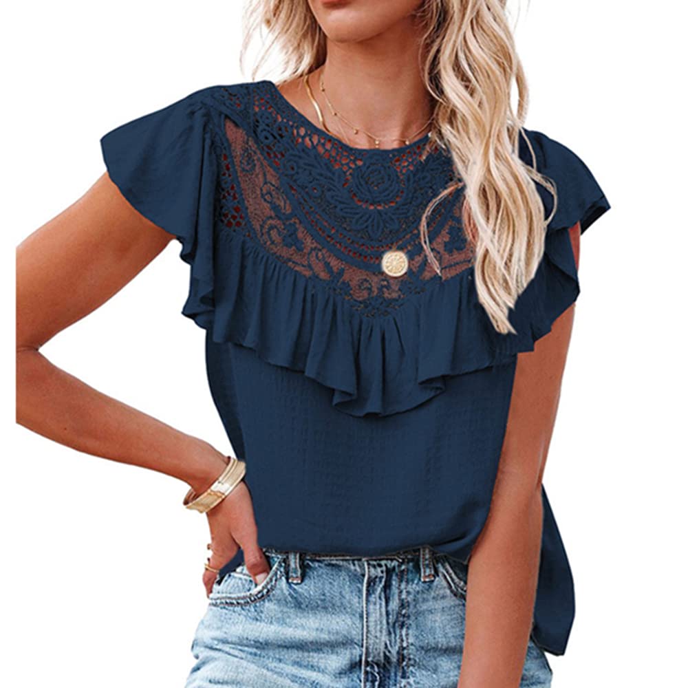 Women's Summer Tops - Casual Lace Ruffle Tunic Crewneck Blouse with Vintage Pleated Design | Perfect for Beach Outings, Date Nights & Casual Wear