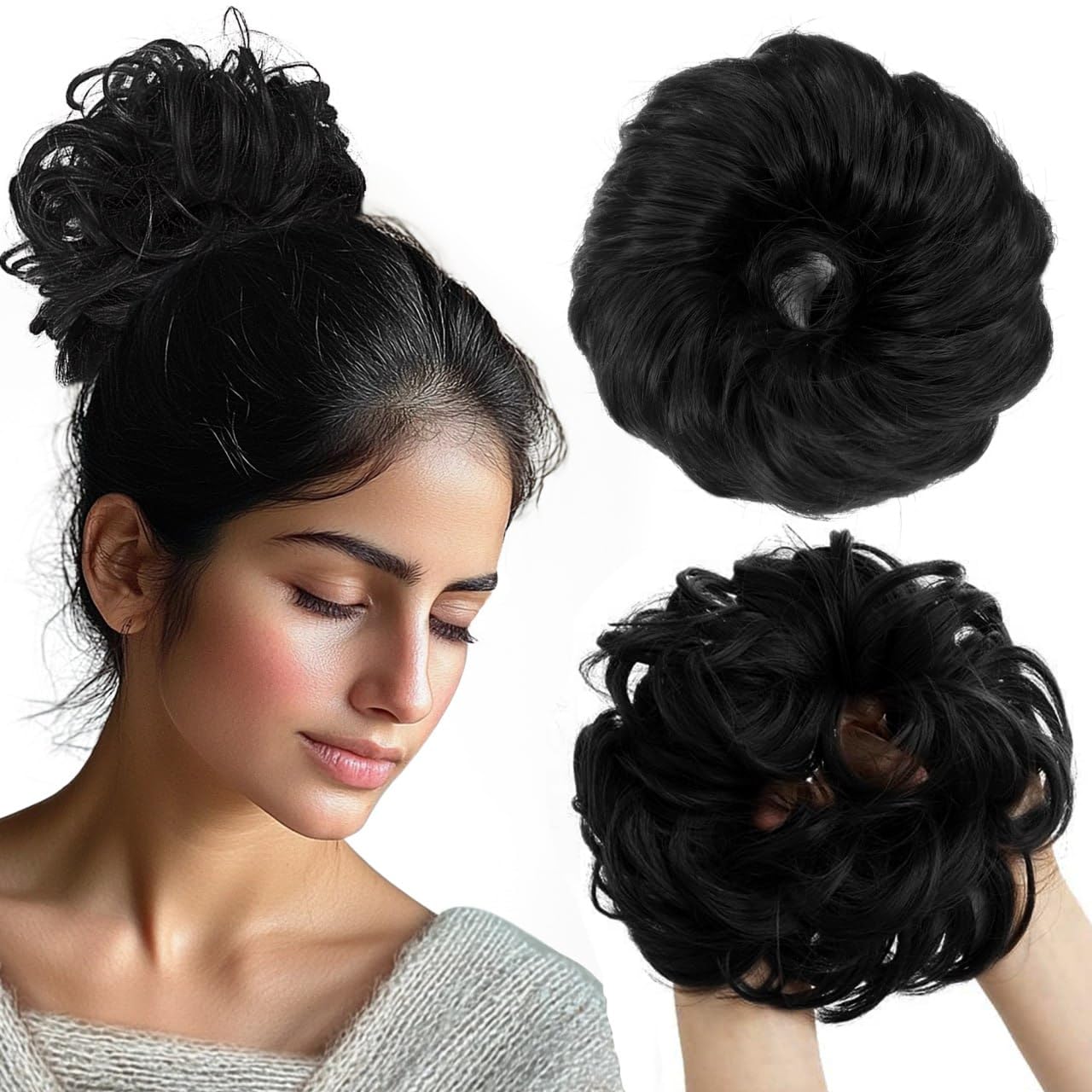 Elegant Wedding Hair Bun Extension - 1PC Black Artificial Hair Scrunchie for Women | Messy Bun Accessories, Juda Hairpiece & Stylish Wig Enhancer | Perfect for Bridal, Prom & Special Occasions