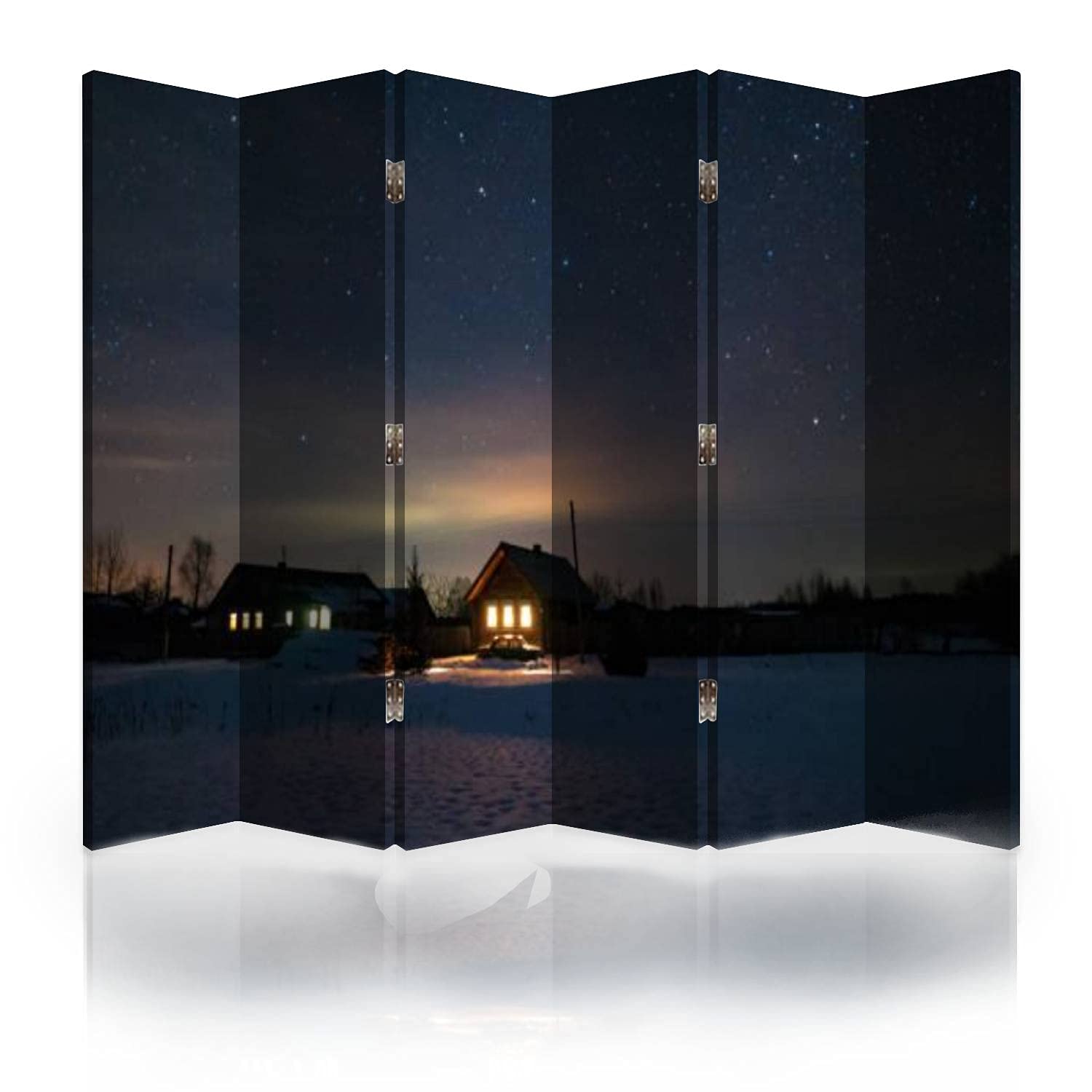 6-Panel Canvas Room Divider Screen - Russian Village Winter Frosty Night Starry Sky Design - Folding Privacy Partition for Bedroom, Office & Living Room - Perfect for Space Separation & Home Decor