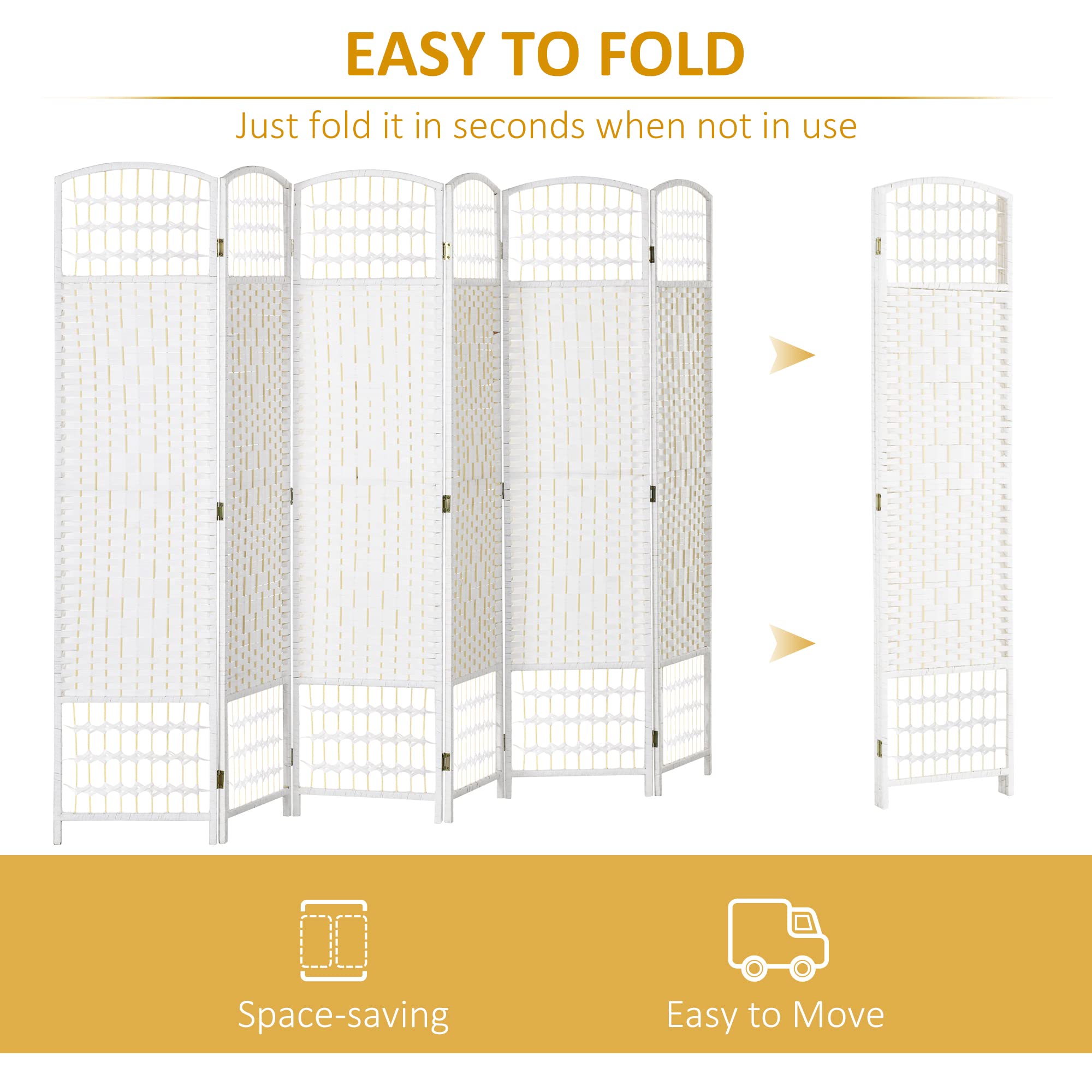 HOMCOM 6 Panel Folding Room Divider - 5.6 ft Freestanding Privacy Screen Partition for Home Office, Bedroom & Studio - Wave Fiber White Room Separator for Indoor Spaces & Events