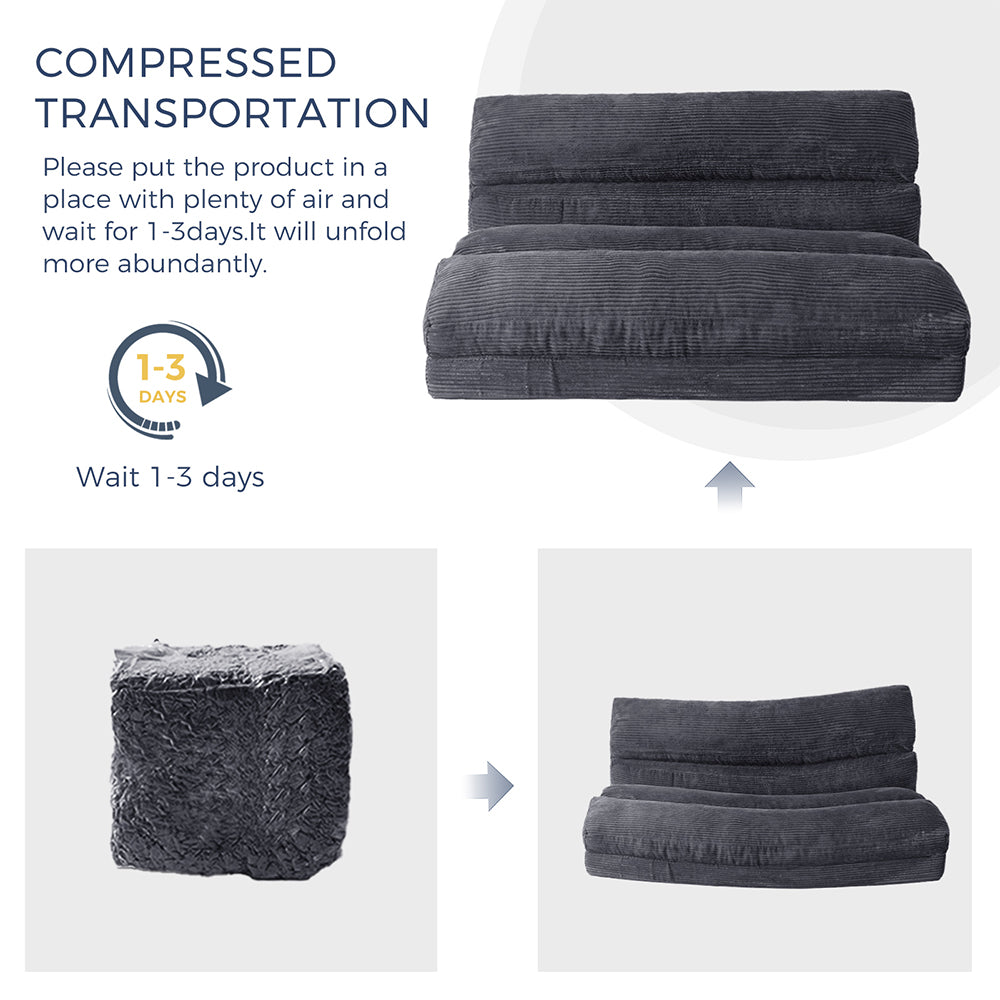 MAXYOYO Folding Sofa Bed - Extra Wide Corduroy Floor Sofa for Small Spaces, Dark Grey | Convertible Guest Bed & Lounge Chair for Apartments, Dorms & Living Rooms