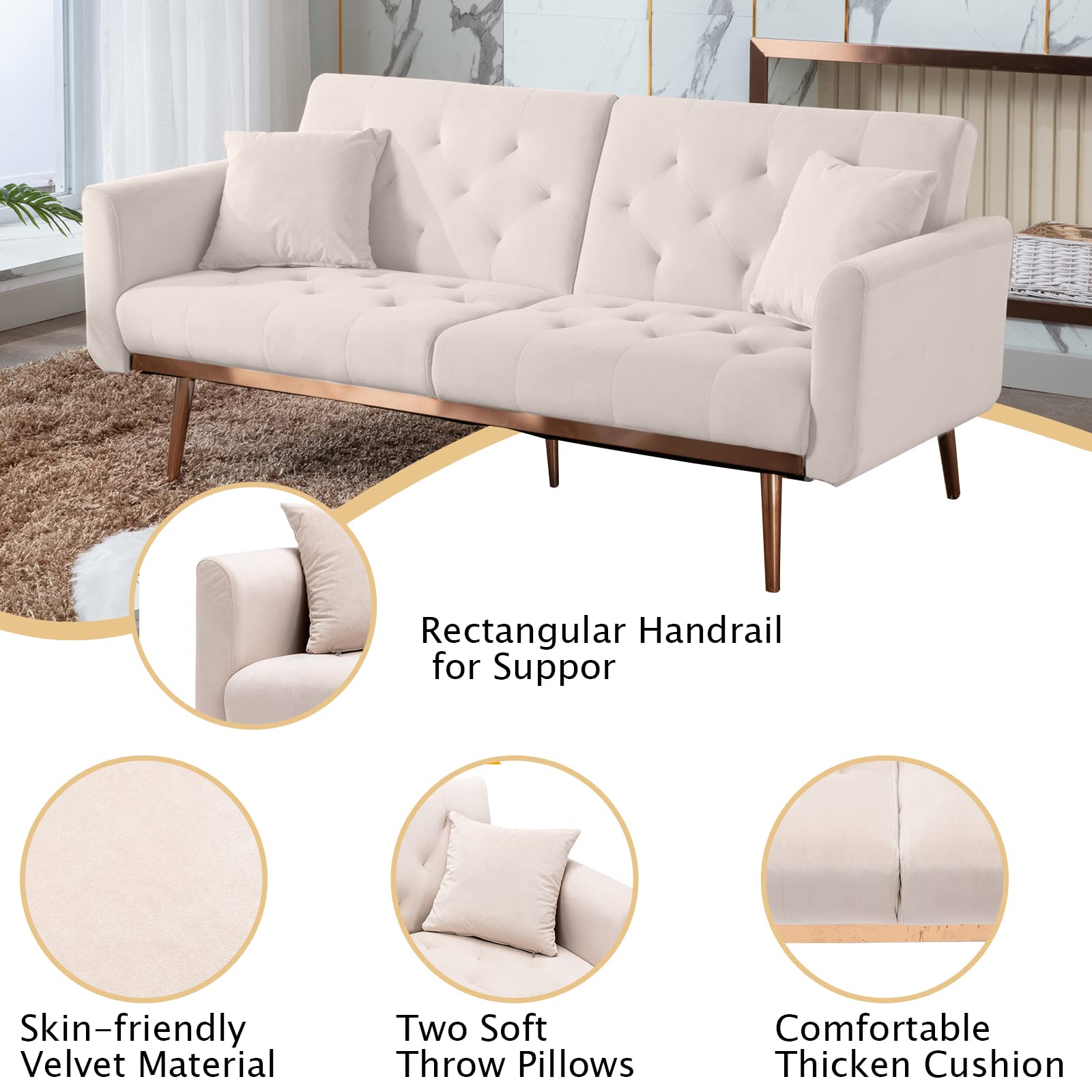 Velvet Accent Loveseat Sofa with Rose Gold Metal Feet - Convertible Sleeper Sofa Bed for Small Spaces, Modern Futon Couch with Split Back Design & 2 Pillows (63.8