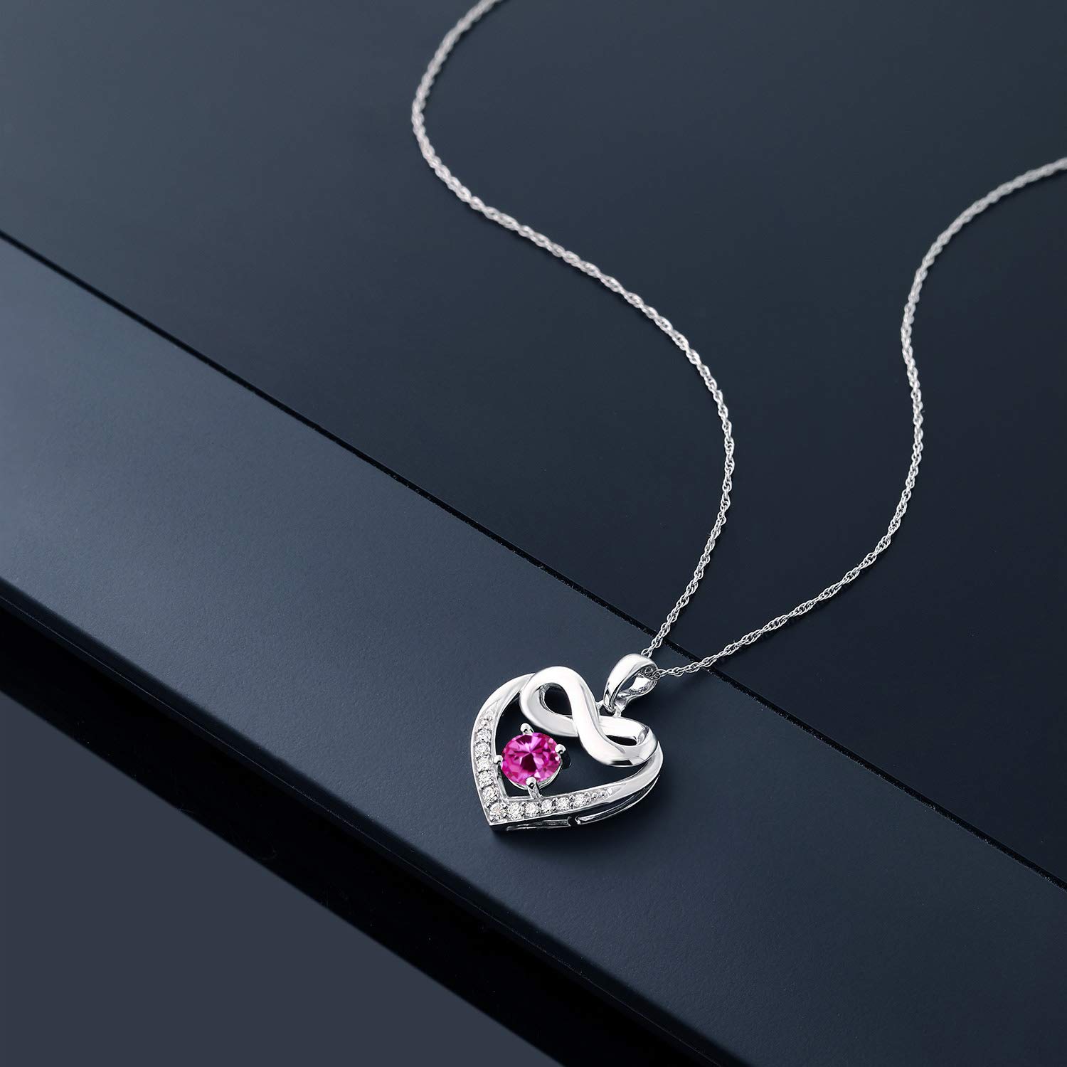 10K White Gold 5MM Gemstone Birthstone & Lab-Grown Diamond Infinity Heart Pendant Necklace for Women | 18