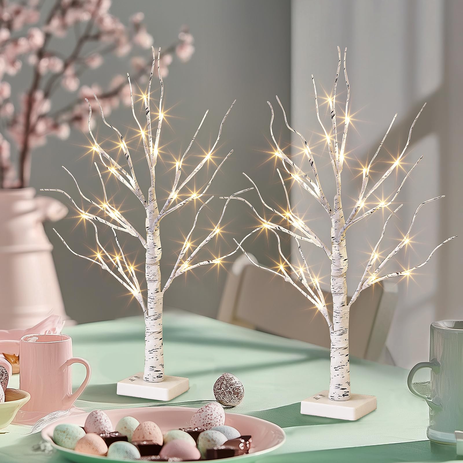 PEIDUO 2FT Birch Tree with LED Lights - Warm White Light Up Easter Tree Lamp for Home Decor, Battery Powered with Timer (2 Pack) - Perfect for Easter Table Centerpiece, Indoor Holiday Decorations & Cozy Ambiance