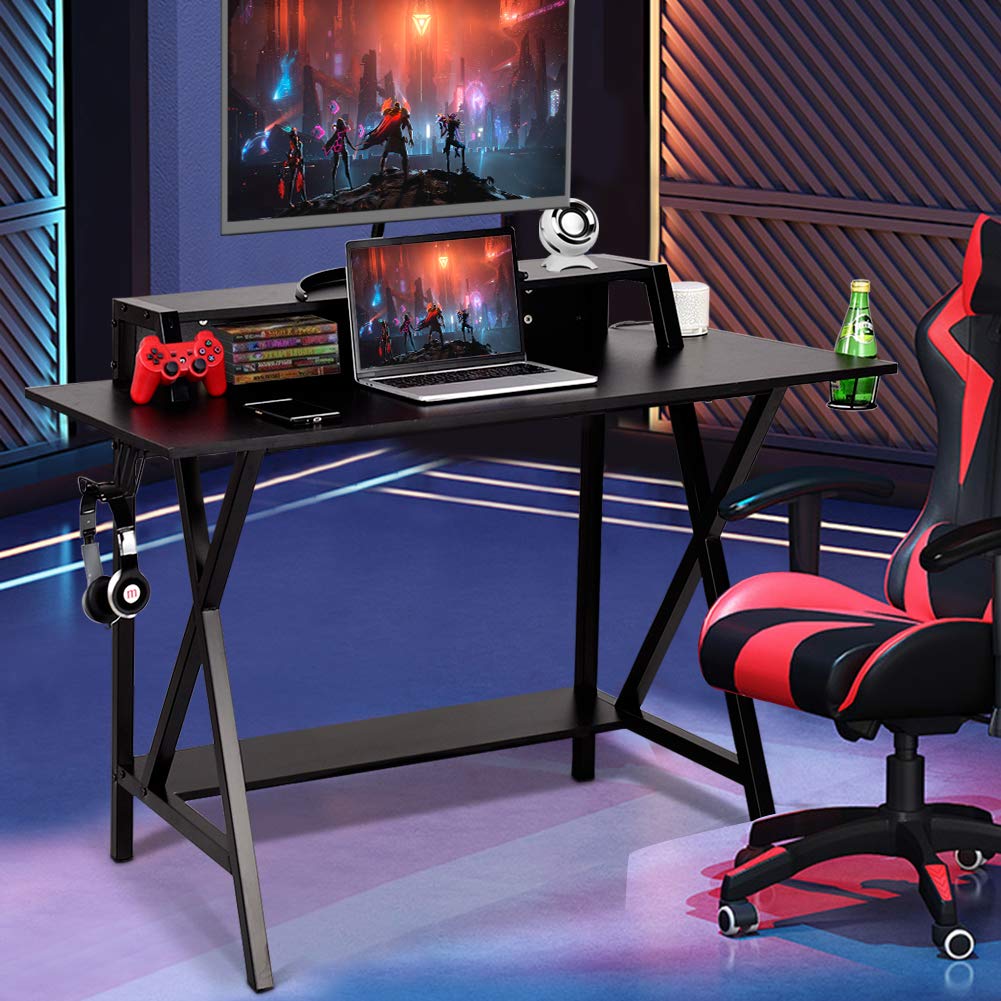48-inch WATERJOY Gaming Desk - Ergonomic E-Sports Workstation with Headset Hook, Cup Holder & Built-in Power Strip | Perfect for PC Gaming, Streaming & Home Office Setup (Black)