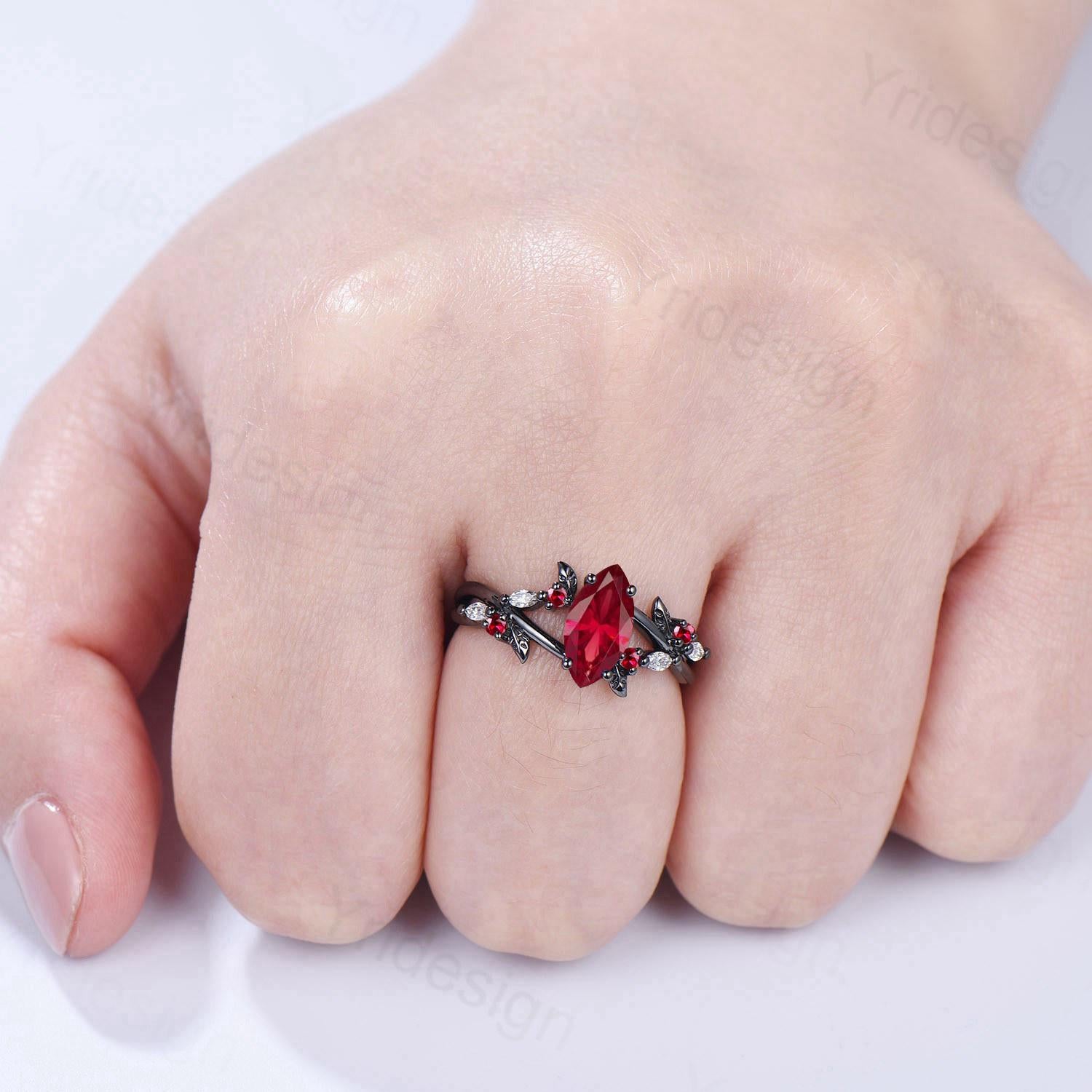 Unique Black Gold Ruby Ring with Natural Marquise Cut Ruby & Moissanite Leaves – Gothic Inspired Engagement & Wedding Ring for Women | Perfect for Vintage, Gothic, and Boho Bridal Jewelry