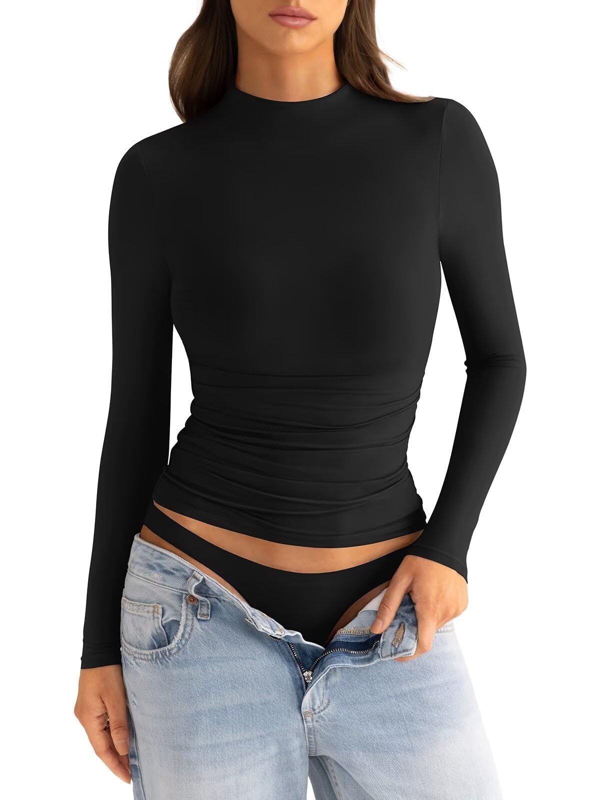 Women's Mock Neck Long Sleeve Ruched Blouse - Double Lined Fitted Turtleneck Top for Spring & Fall 2025 | Casual Office Wear, Date Night Outfit, Layering Essential