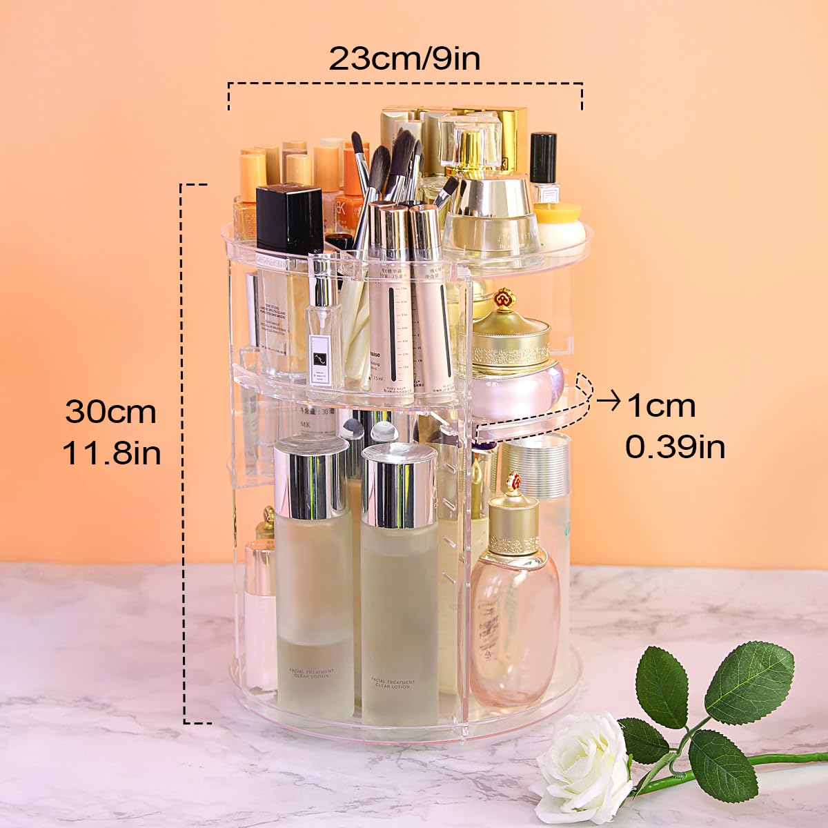 360° Rotating Makeup Organizer with Brush Holder - Adjustable Detachable Shelves Cosmetic Display Case for Skincare, Perfume & Beauty Products - Perfect for Bedroom Dresser, Bathroom Countertop & Vanity Organization