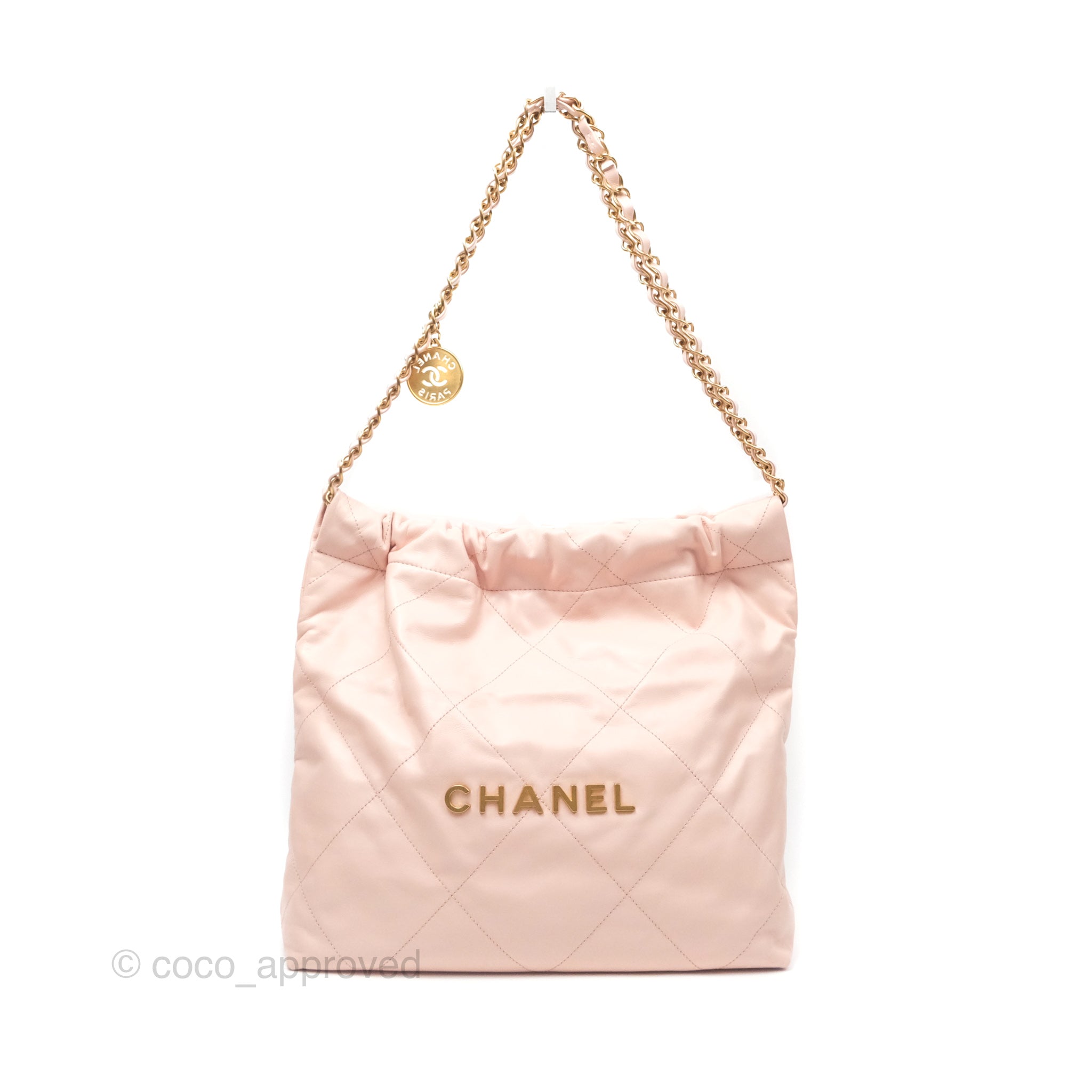 Chanel 22 Small Quilted Pink Shiny Calfskin Bag with Aged Gold Hardware | Luxury Crossbody Purse for Women | Perfect for Date Night, Parties & Special Occasions