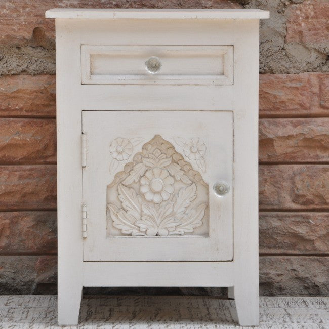 Hand Carved Solid Wood French Style White Nightstand - Elegant Bedside Table for Bedroom Decor & Storage
