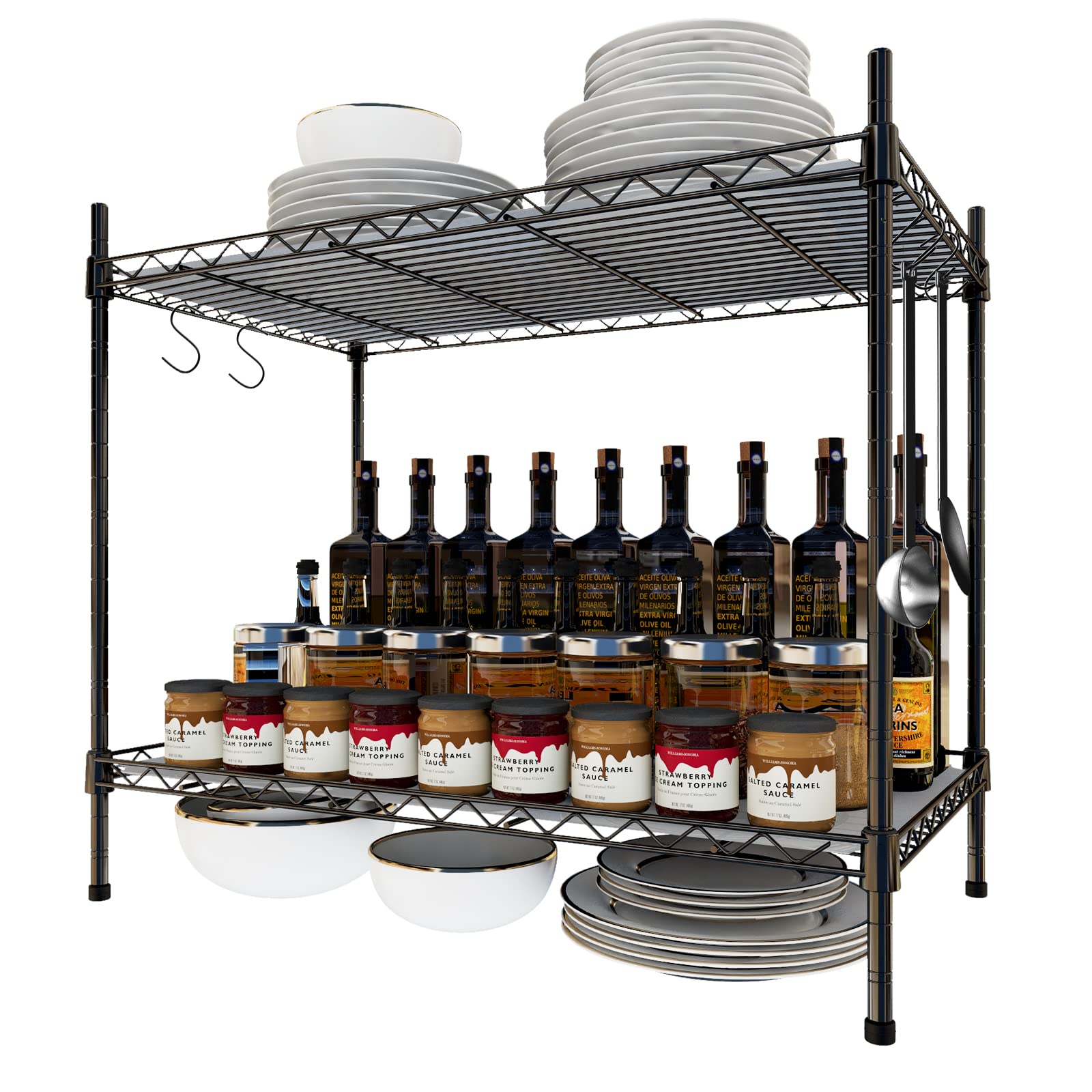 2-Tier Carbon Steel Spice Rack Organizer for Kitchen Cabinet - Adjustable Countertop Spice Shelf with Non-Slip Liner & Hooks | Perfect for Pantry, Bathroom, Office Organization (Black)