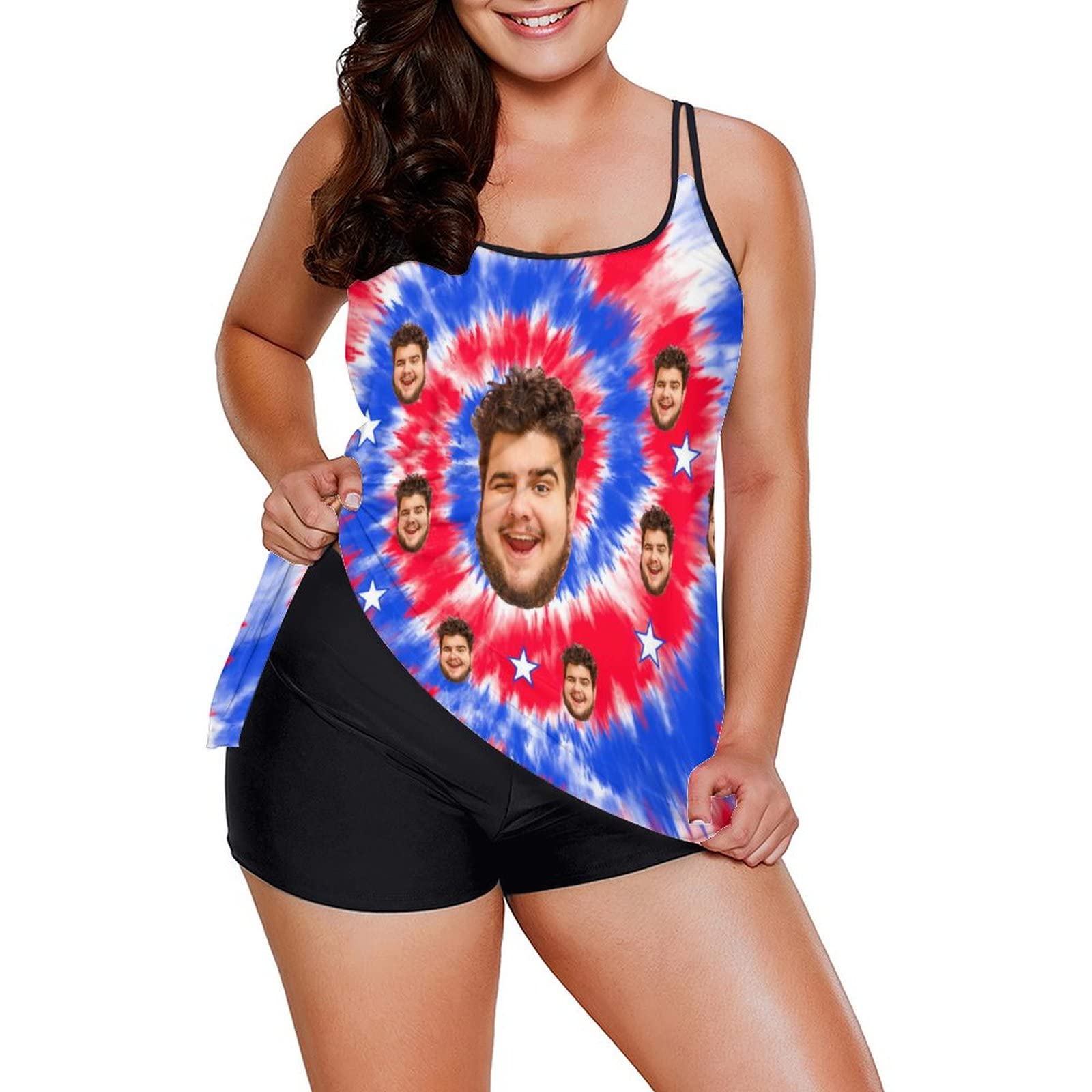 Custom Personalized Face Print Tankini Swimsuits for Women - 2 Piece Bathing Suits with Husband/Boyfriend Photo - Matching Swim Shorts & Top for Beach, Pool & Vacation