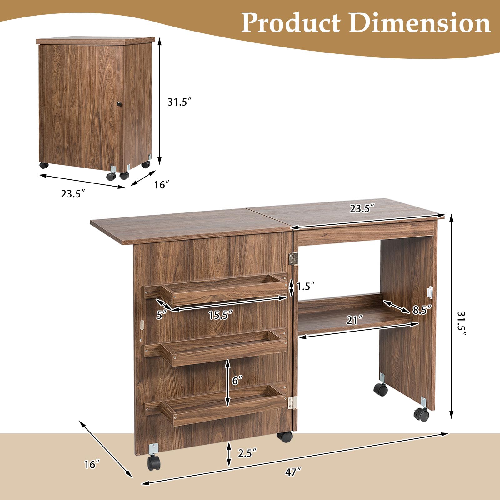 HOMGX Foldable Sewing Table with Storage - Multifunctional Craft Desk with Locking Wheels & Shelves - Space Saving Compact Design for Sewing, Quilting & DIY Projects - Brown Craft Station (16