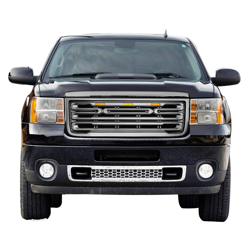 IKON MOTORSPORTS Gloss Black Front Grille for 2011-2014 GMC Sierra 2500 3500 HD | Replacement Bumper Grille | Off-Road & Truck Customization Upgrade