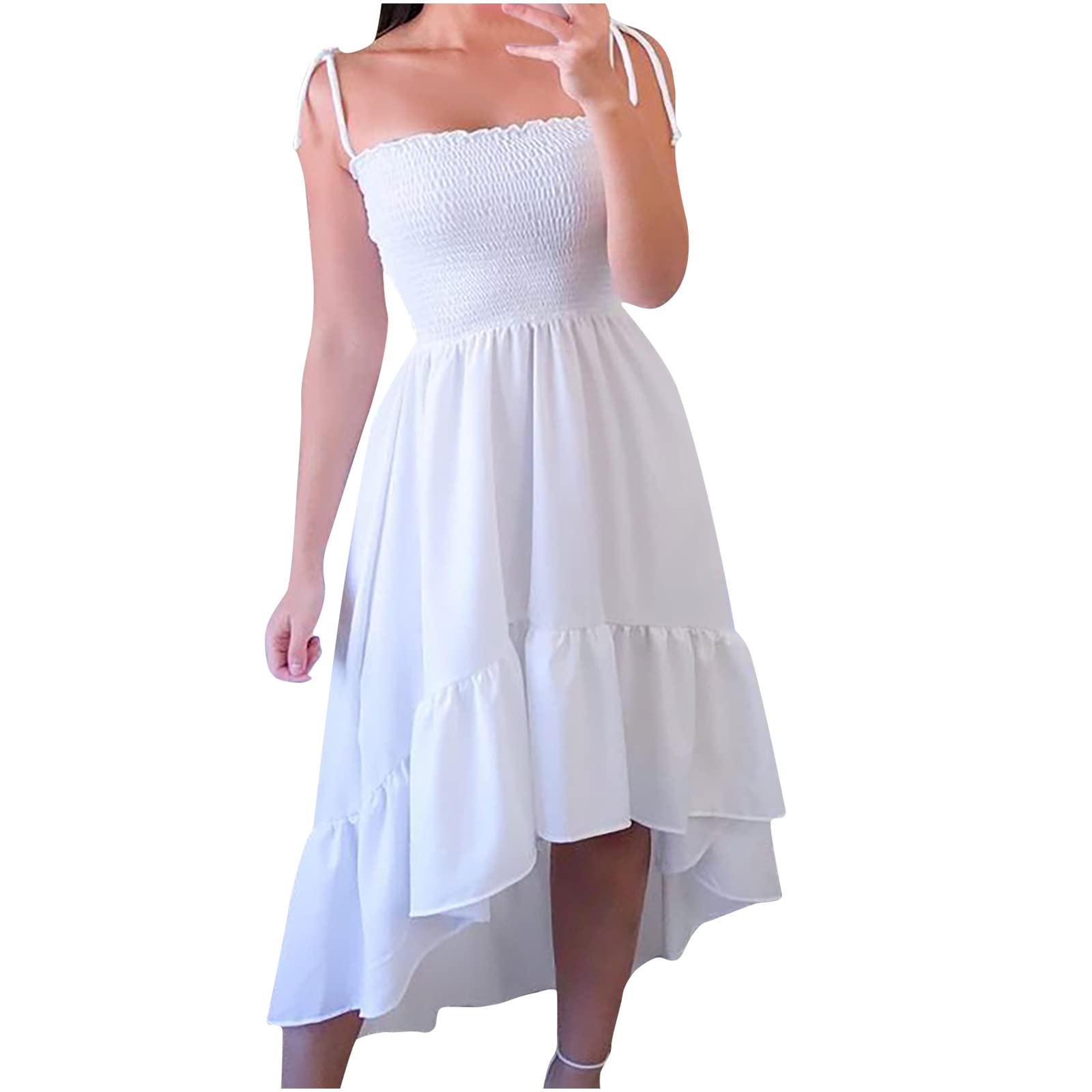 Women's Summer Casual Suspenders Dress - Solid Color Sleeveless Sundress with Ruffles, Slim Fit Midi Dress for Wedding, Party & Beach Outings