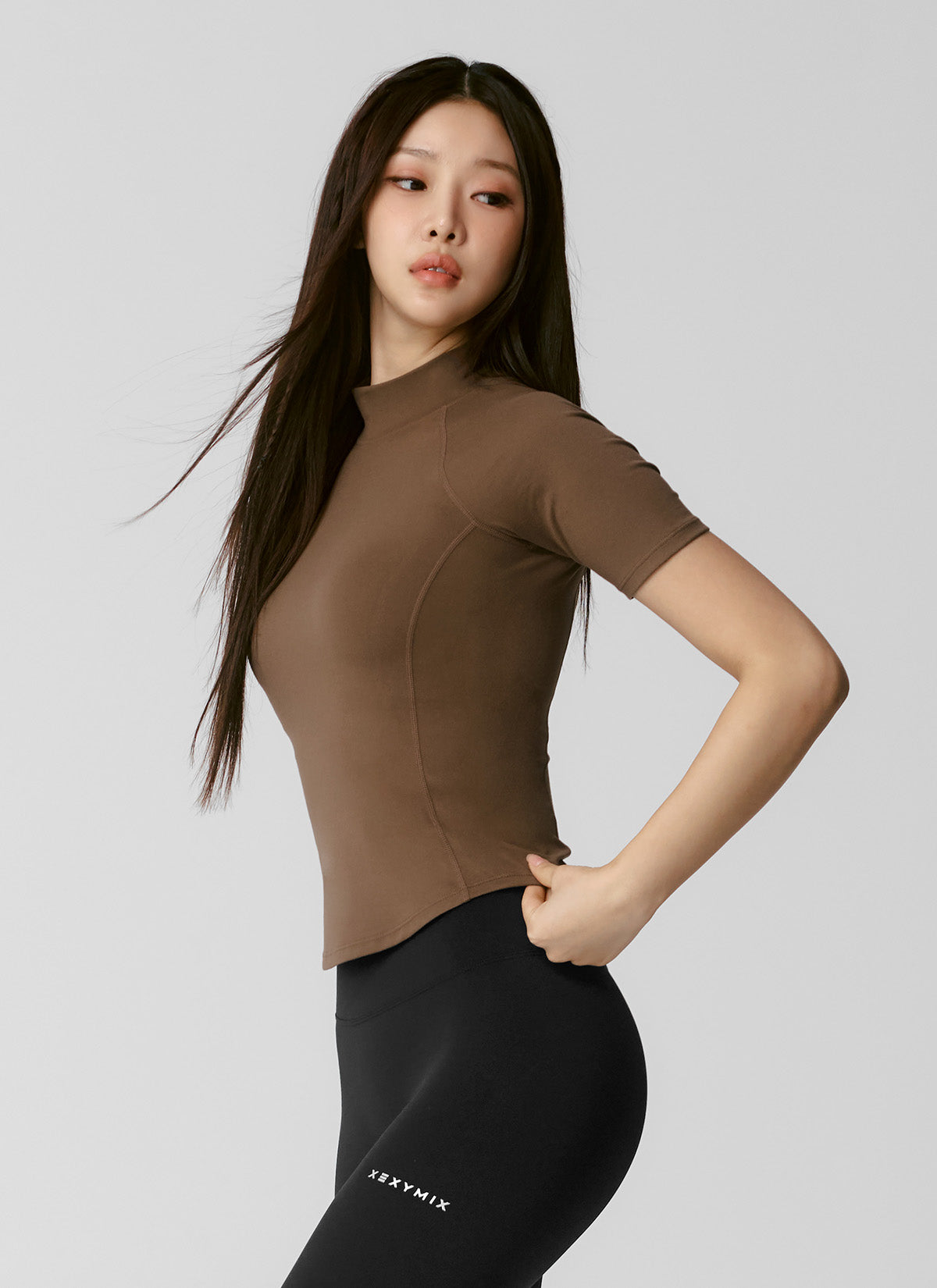Peach-Colored Mock Neck Short Sleeve T-Shirt for Women - Casual Summer Top for Outfits, Dating & Office Wear