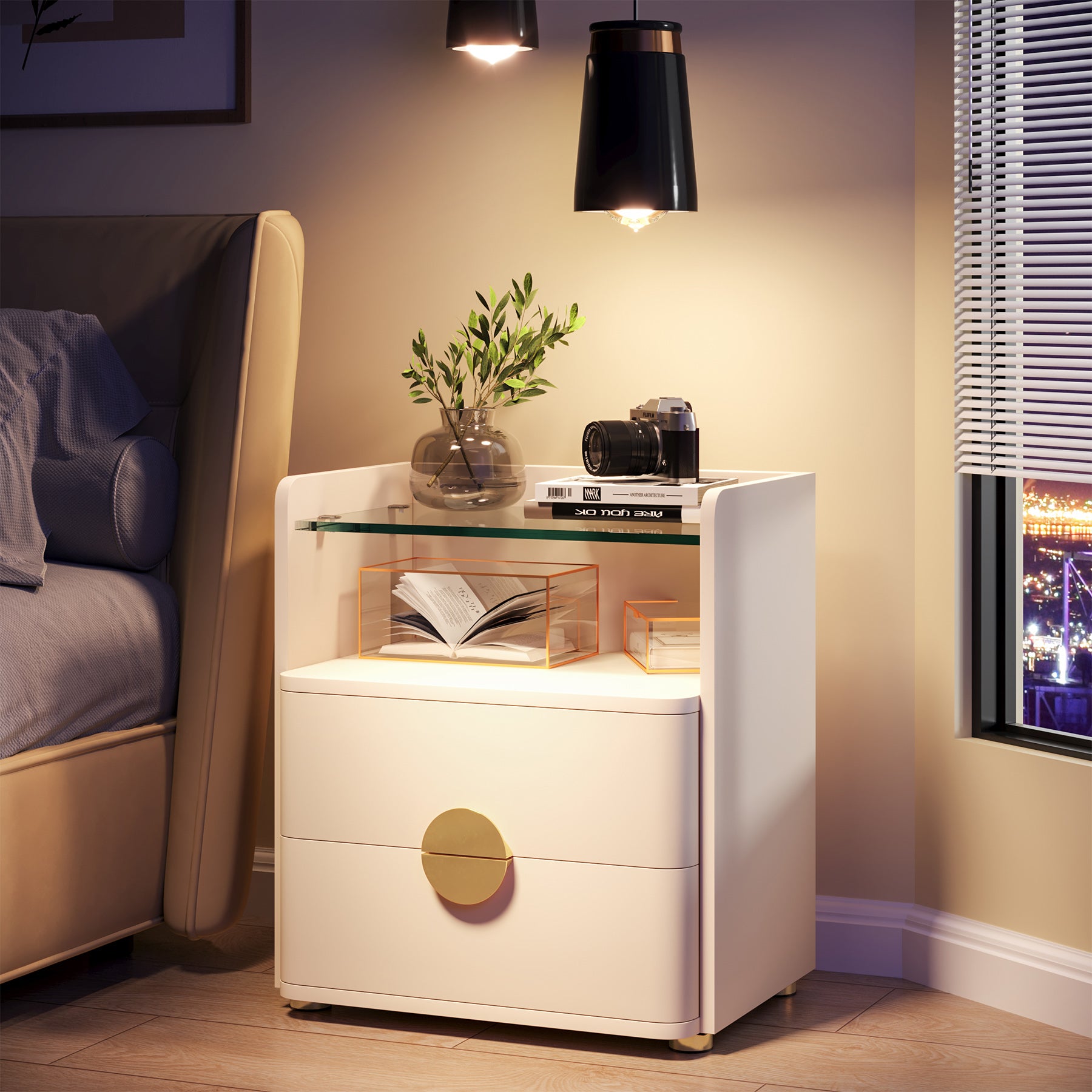 Modern 2-Drawer Nightstand with Open Storage Shelf - Stylish Bedside Table for Bedroom, Living Room, or Office - Perfect for Storing Books, Lamps & Bedroom Essentials