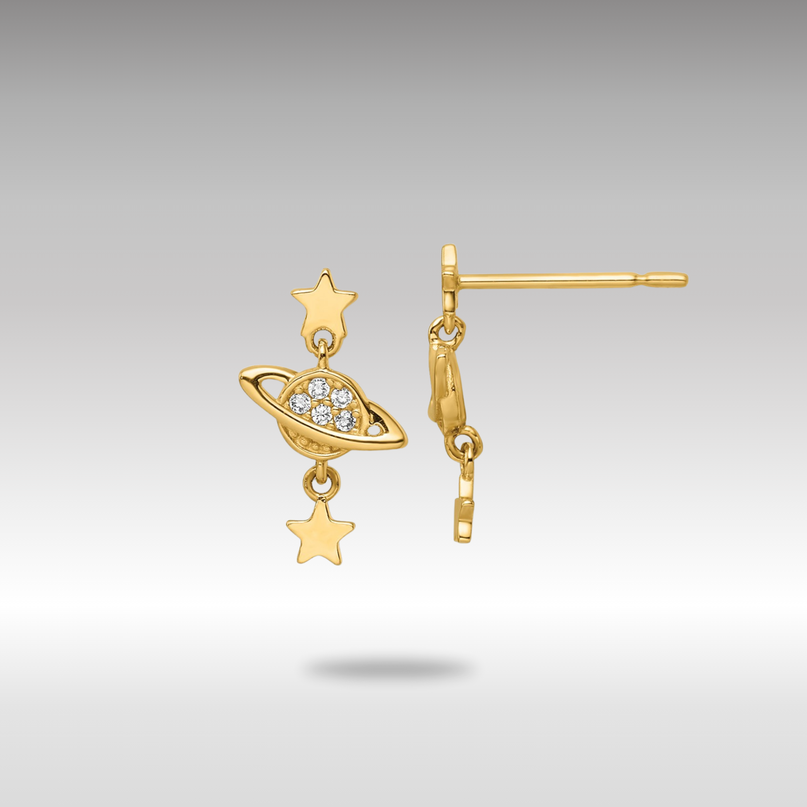 CZ Gold Saturn & Stars Dangle Earrings for Women - Elegant Celestial Jewelry for Parties, Date Nights & Special Occasions - Model YE2050