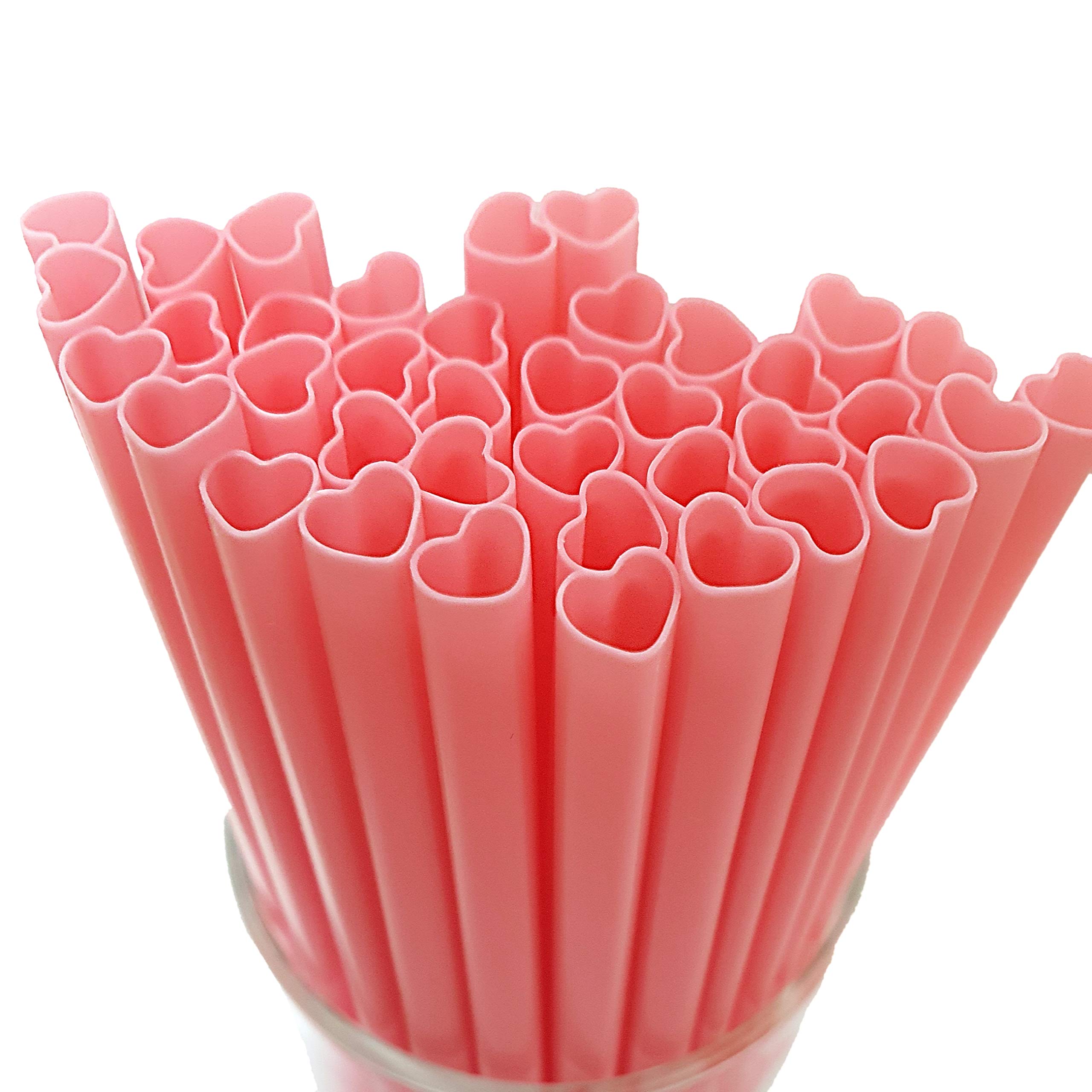 50pcs Heart Shaped Pink Plastic Straws - Disposable Cute Drinking Straws Individually Wrapped for Valentine's Day, Galentine's Day, Bridal Shower, Wedding, Birthday Party Decorations - Perfect for Cocktails, Milkshakes, Smoothies and Party Drinks