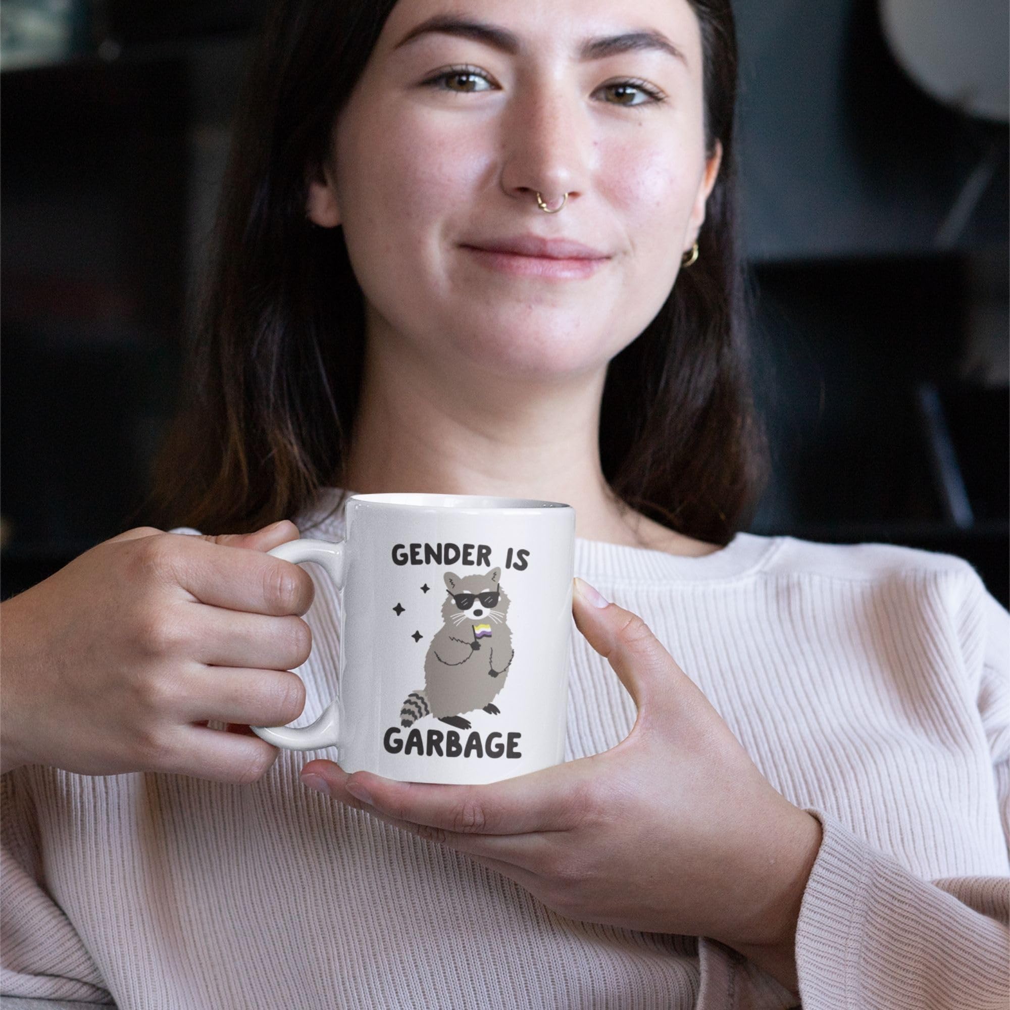 Non Binary Raccoon Pride Coffee Mug - 11oz Funny Ceramic Cup with Double-Sided Print, Unique Humor Gift for Women & Men - Perfect for LGBTQ+ Pride Celebrations, Office Coffee Breaks & Novelty Gift Giving