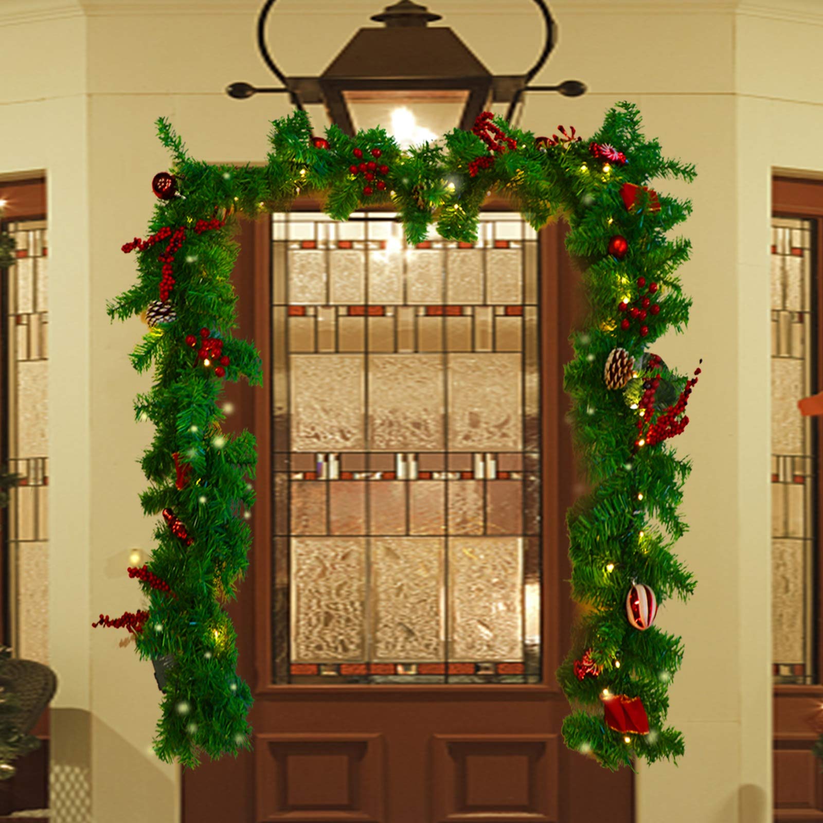 MorTime 9 FT LED Christmas Garland with Pinecones, Red Berries, Bows & Ornaments - 50 Warm White Lights, 180 Branch Tips for Holiday Decor - Perfect for Fireplace Mantel, Staircase & Christmas Tree Decoration
