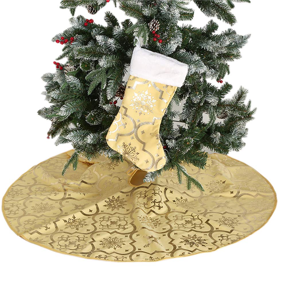 Poise3EHome 48-Inch Yellow Christmas Tree Skirt with Stockings - Holiday Decor for Halloween & Christmas | Festive Tree Base Cover for Living Room, Party & Seasonal Celebrations