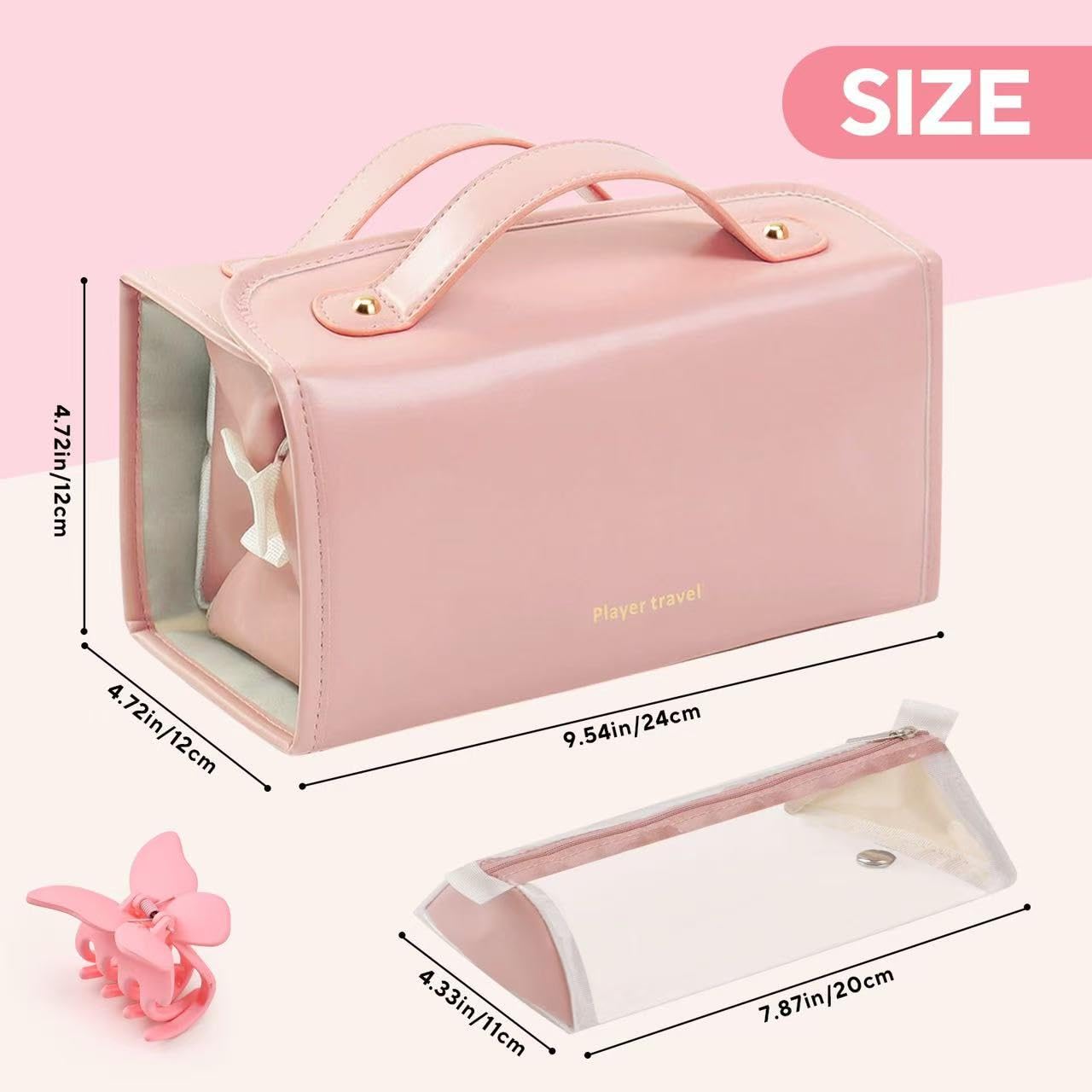 Portable 4-in-1 Foldable Leather Makeup Bag - Waterproof Travel Cosmetic Organizer with 4 Detachable Clear Compartments | Hanging Toiletry Bag for Women | Perfect for Travel, Gym, and Daily Makeup Storage