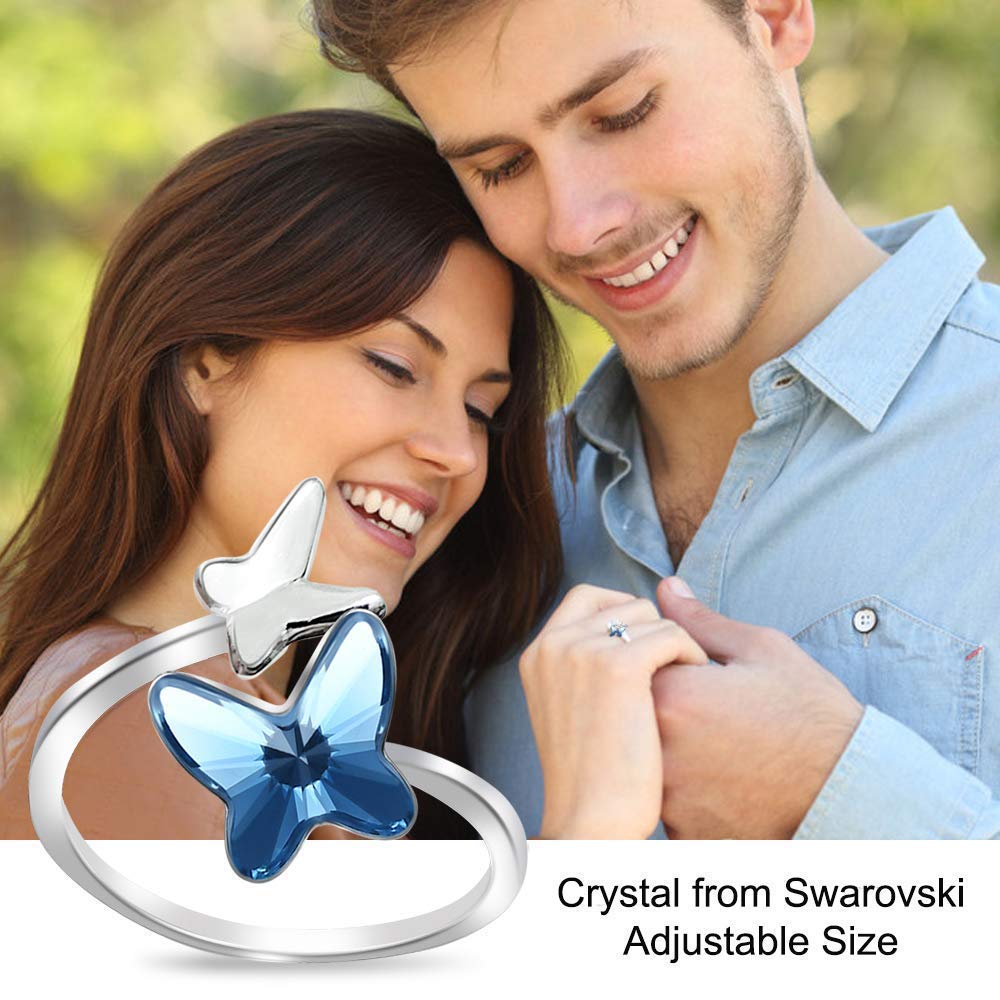 Elegant AOBOCO Sterling Silver Chasing Butterfly Necklace & Ring Set with Genuine Austrian Crystals | Butterfly-Themed Jewelry for Women | Perfect Anniversary, Birthday & Special Occasion Gifts for Butterfly Lovers | Ideal for Weddings, Date Nights & Everyday Wear