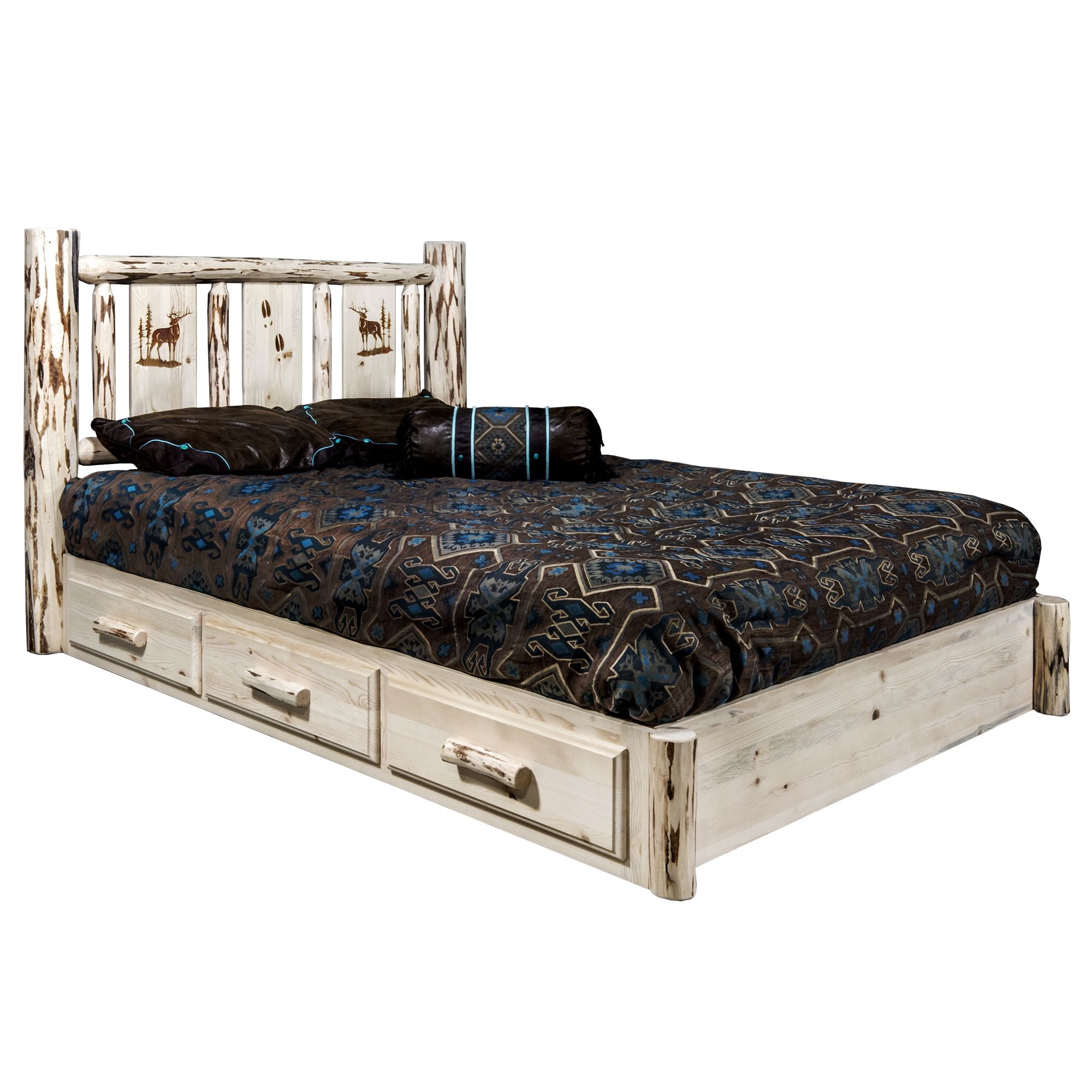 Montana Platform Bed with Storage - Laser Engraved Design, Unfinished Solid Wood Bed Frame for DIY Customization | Perfect for Modern Bedrooms, Guest Rooms & Small Spaces