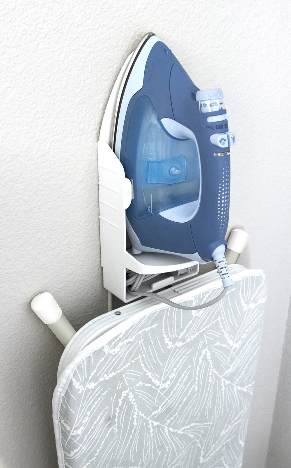 White Ironing Board with Hooks - Space Saving Laundry Room Organizer & Storage Solution for Small Homes, Apartments, Dorms | Perfect for Closet, Bathroom, or Utility Room Organization