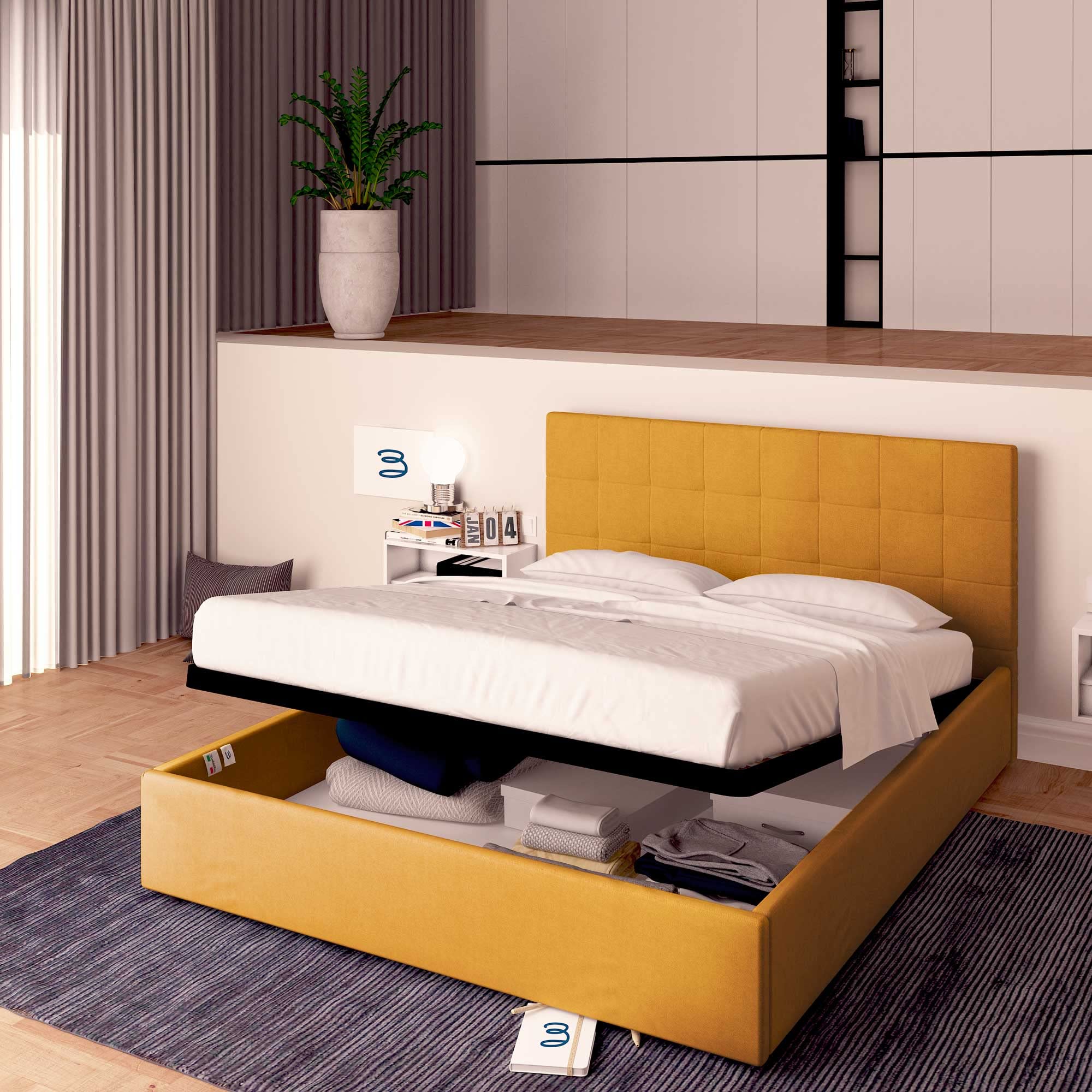 Baldiflex Queen Size Bed Frame with Storage, Dublin Fabric Upholstered, Slatted Base for Single Mattress, 140x200cm, Elegant Headboard, Mango Color - Perfect for Small Bedrooms & Guest Rooms