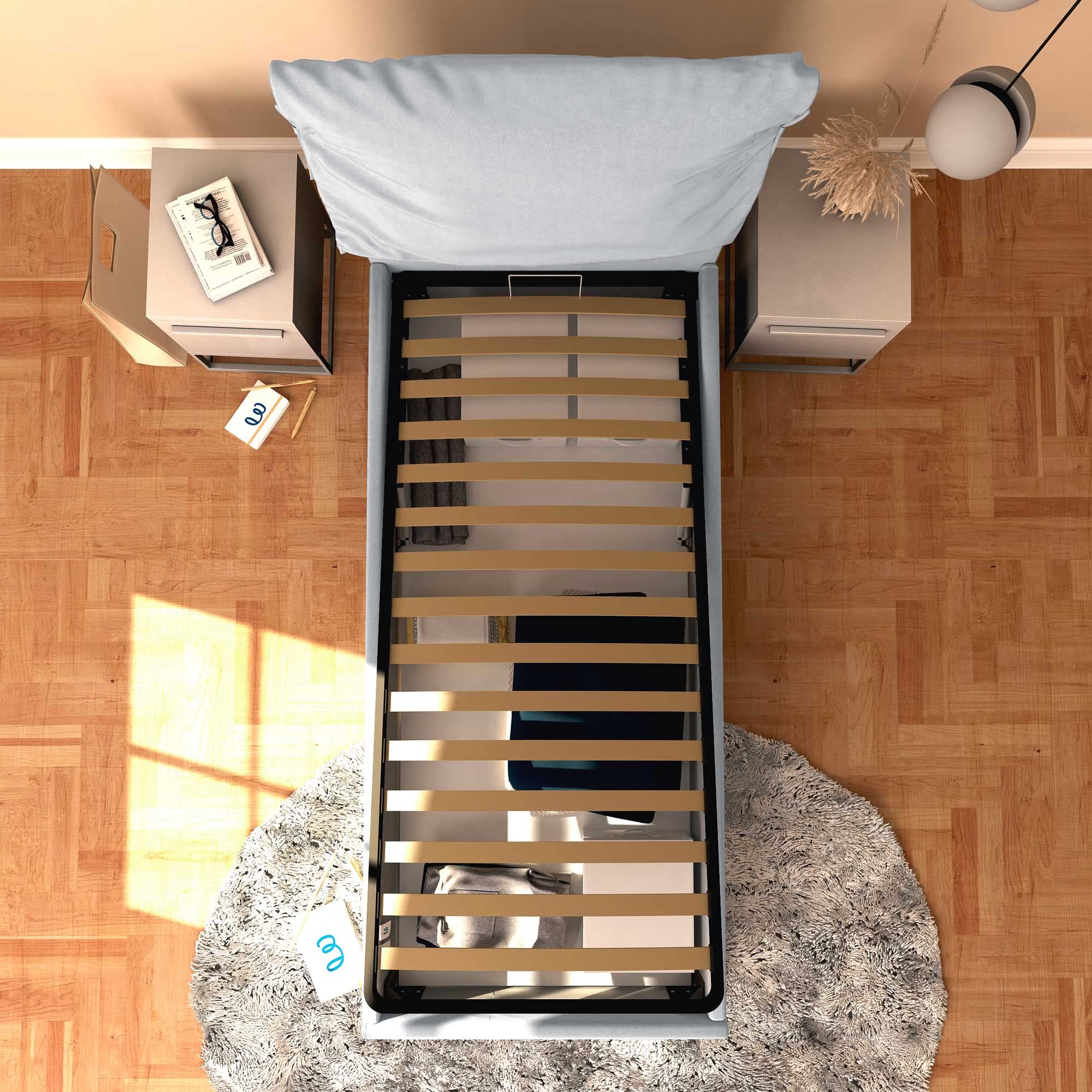 Baldiflex Licia Soft Single Bed with Storage, Synthetic Leather Upholstery, Slatted Base for Single Mattress, 90 x 200 cm, Light Gray - Perfect for Small Bedrooms, Guest Rooms & Studio Apartments