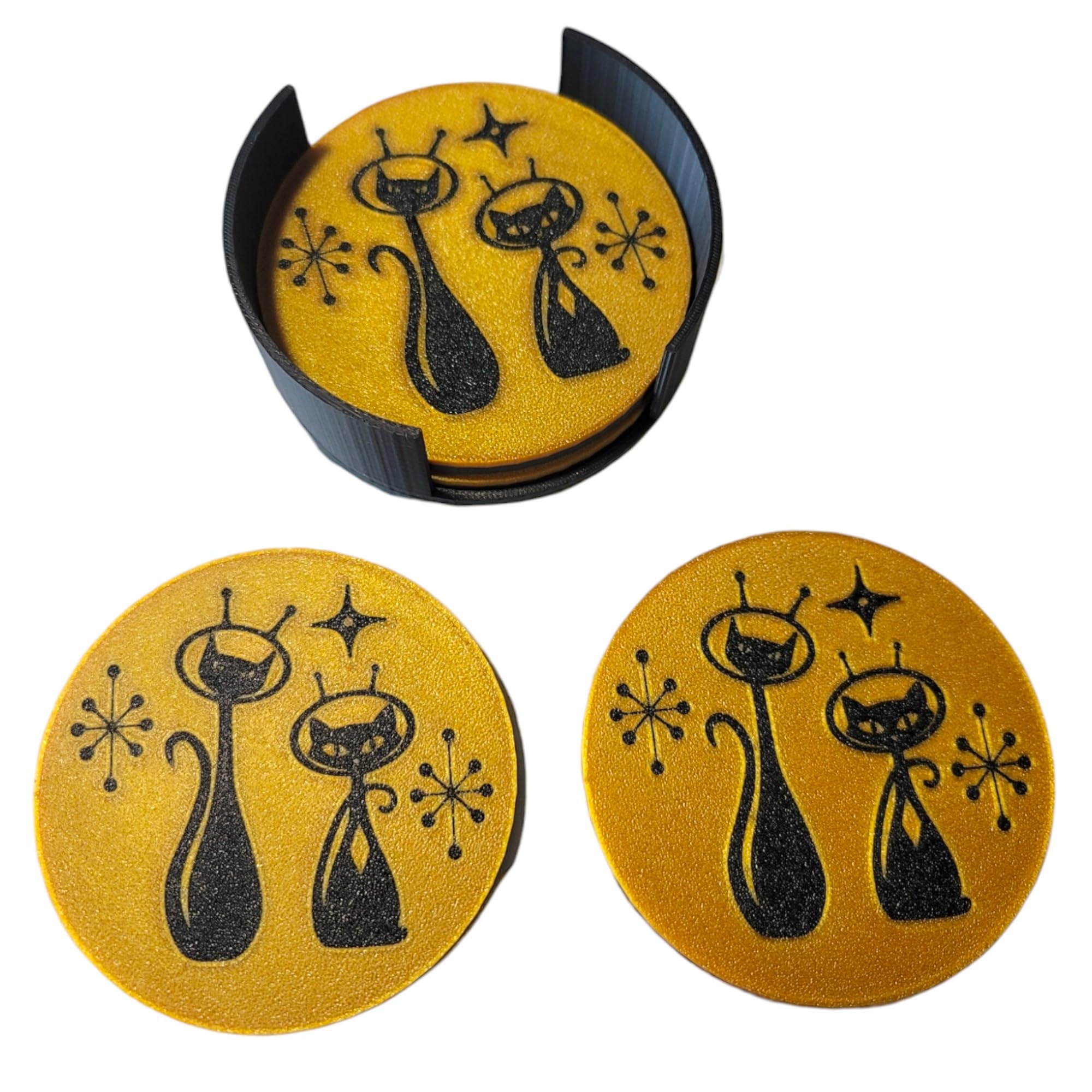 Vintage Mid Century Modern Atomic Space Cat Coasters Set of 4 - Retro 1950s 1960s Home Bar Decor - Gold Two-Tone Drink Coasters for Wine, Beer & Cocktails - Perfect for Entertaining & Protecting Tables