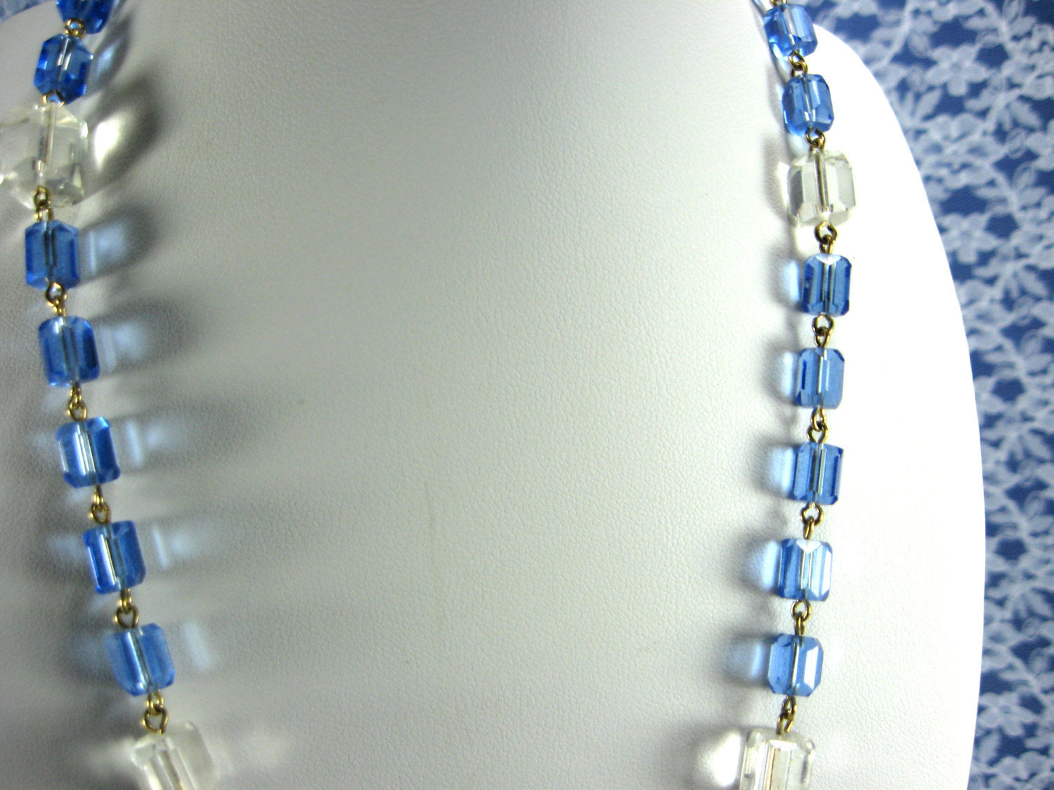 Art Deco Square Crystal Ice Cube Beads Necklace - Blue Clear Beveled Vintage 1930s Czech Jewelry for Women, Perfect for Evening Parties, Weddings & Special Occasions