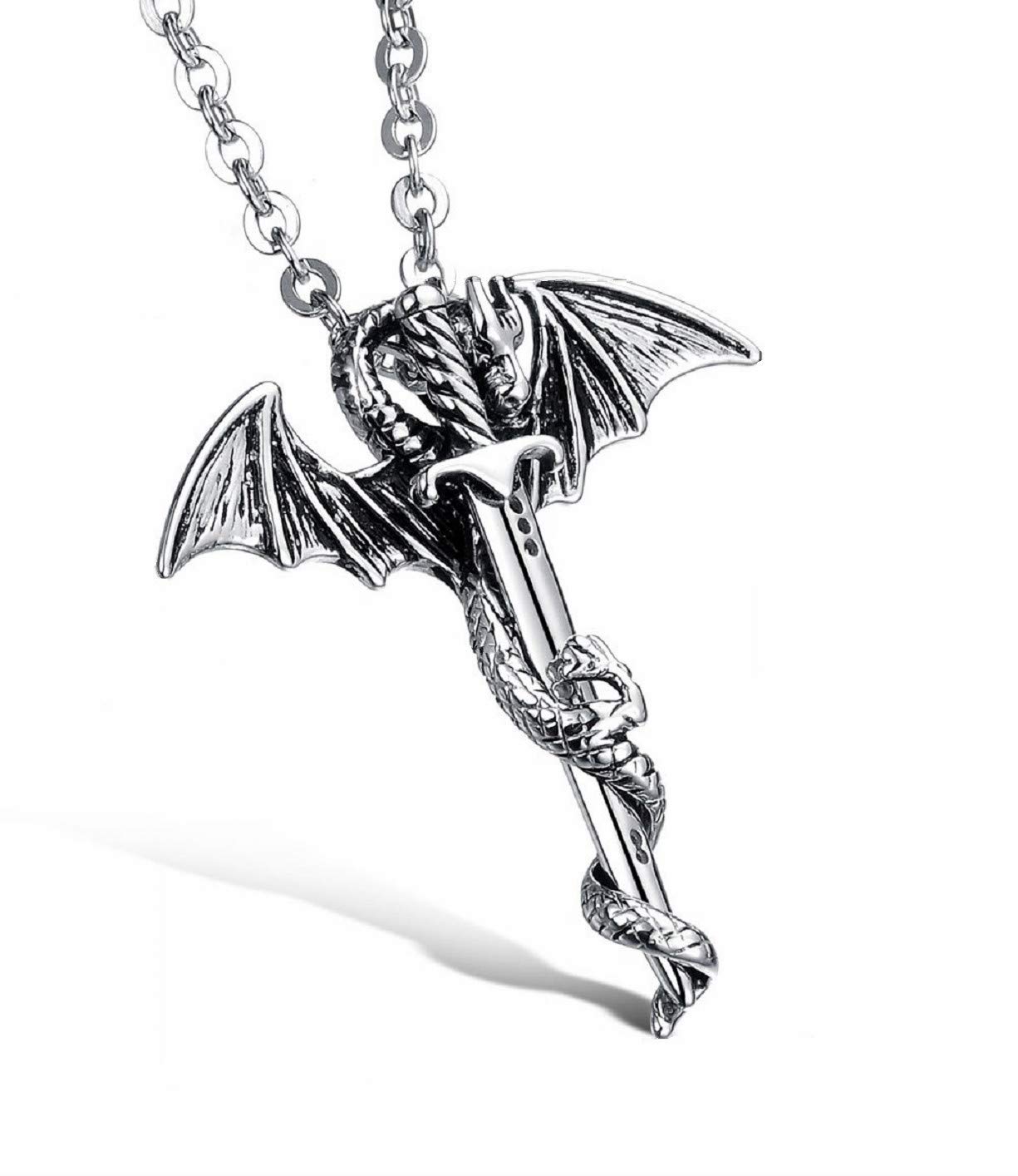 PikaLF Men's Dragon Necklace with Sword Pendant - Winged Dragon Jewelry with Chain for Fantasy Lovers - Perfect for Cosplay, Gifts & Gothic Fashion