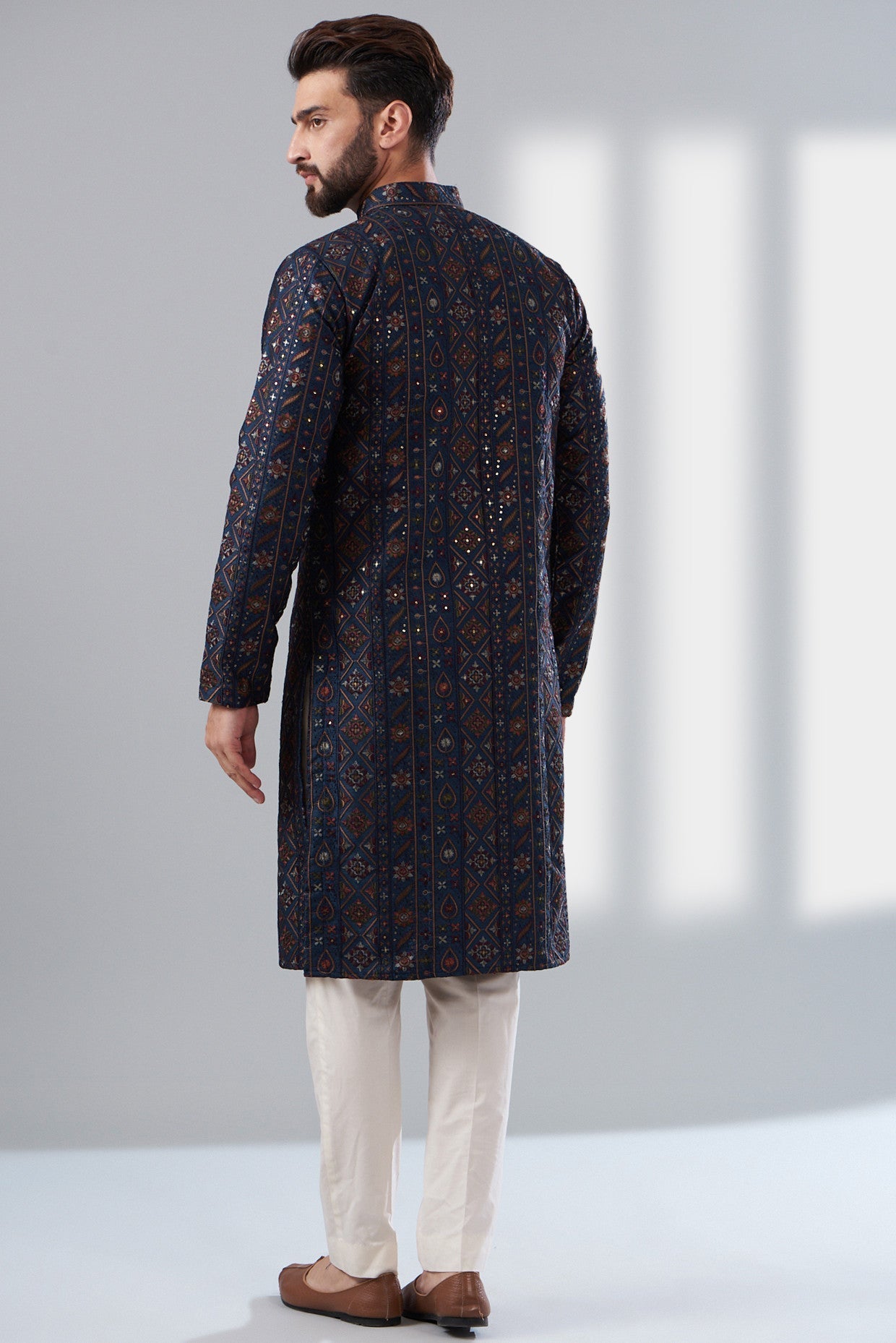 Premium Navy Blue Multi-Thread Embroidered Work Kurta for Men - Office Wear & Festive Occasions