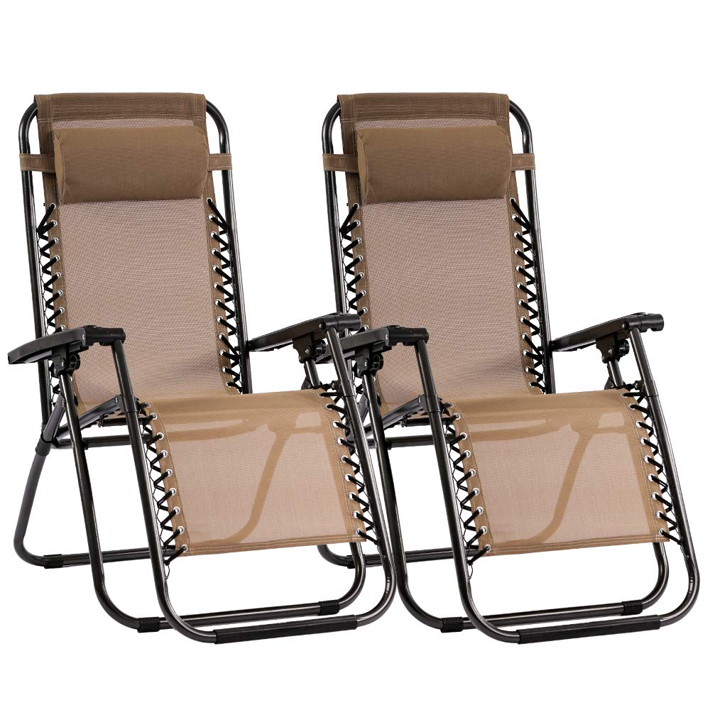 Premium Zero Gravity Reclining Lounge Chairs Set of 2 - Adjustable Outdoor Patio Chairs with Comfortable Pillows for Backyard, Poolside, Beach & Garden Relaxation - Perfect for Sunbathing, Reading & Lounging - Tan Color