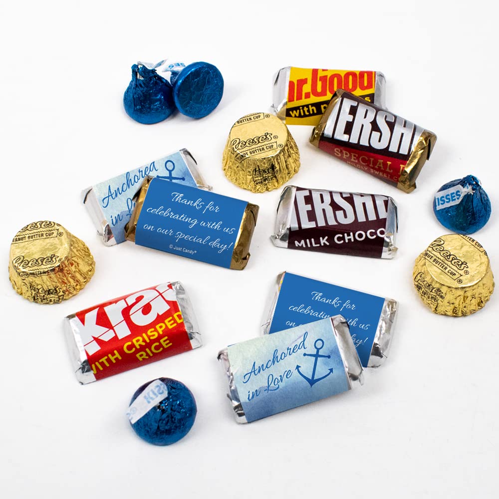 200pcs Personalized Wedding Candy Kit - Custom Wrapped Miniatures, Kisses & Peanut Butter Cups - Nautical Blue Party Favors for Guests - Perfect for Wedding Receptions, Bridal Showers & Candy Buffets