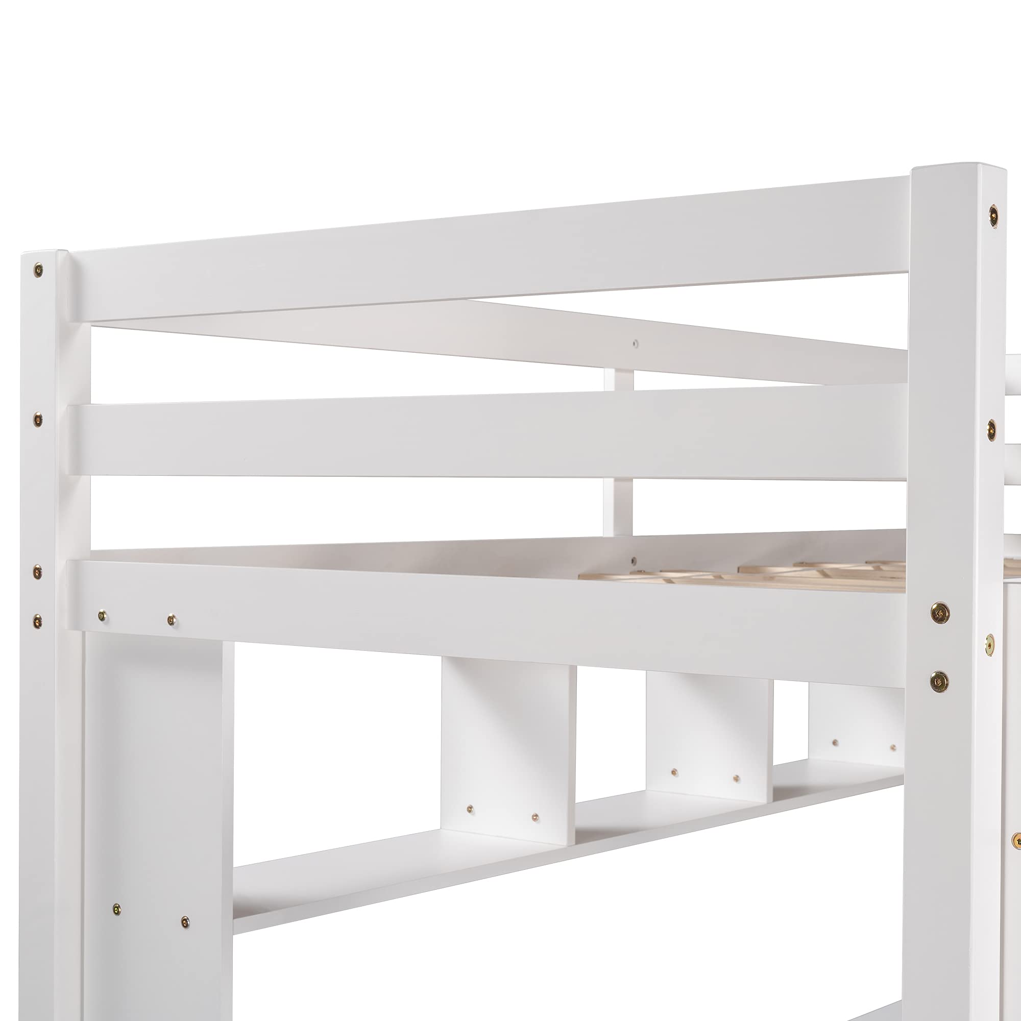 **Wooden Loft Bed Frame with Storage Shelves & Under-Bed Desk - Full-Length Guardrail & Built-in Ladder - Twin Size, White - Perfect for Kids, Teens & Adults - Space-Saving Bedroom, Dorm, or Studio Apartment Solution**