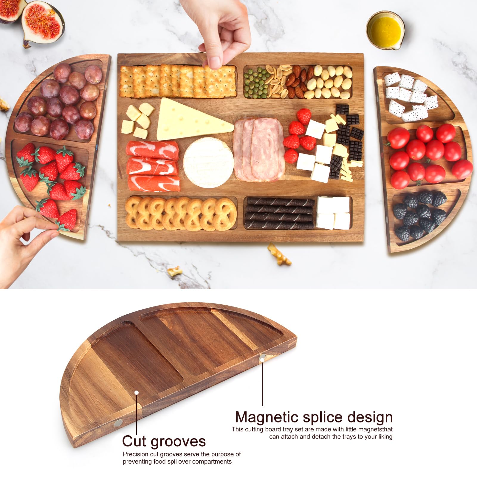 28x12 Inch Extra Large Wooden Charcuterie Board Set - 3-Piece Magnetic Cheese Serving Tray with Acacia Wood Platter for Charcuterie, Cheese & Meat | Perfect for Entertaining, Housewarming Gifts & New Home Gifts for Women