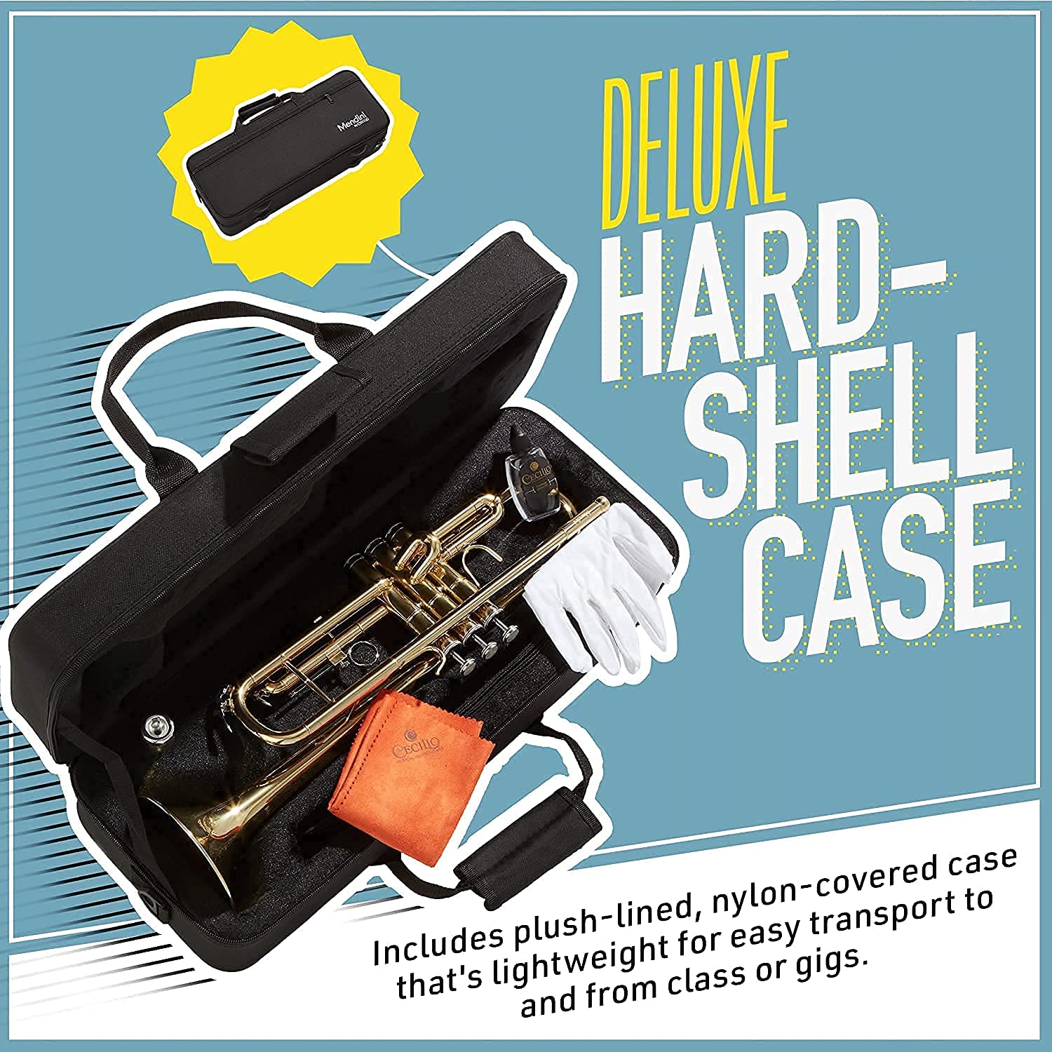 Mendini by Cecilio Bb Trumpet - Professional & Beginner Brass Instrument with Case, Cleaning Cloth, Oil & Gloves - Perfect for Students, Kids & Adults - Ideal for School Bands, Practice & Performances