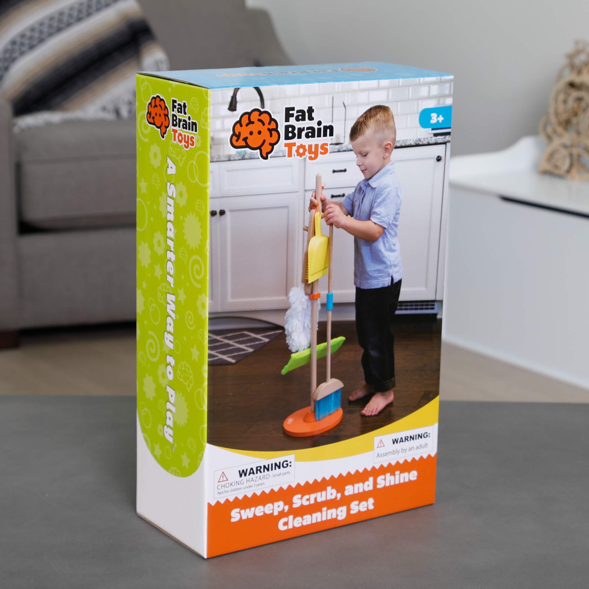 Fat Brain Toys Sweep, Scrub, and Shine Cleaning Set - Wooden Pretend Play Toy for Kids Ages 3+, Toddler Cleaning Toy Set for Role Play & Early Learning - Perfect for Home, Preschool & Montessori Classroom