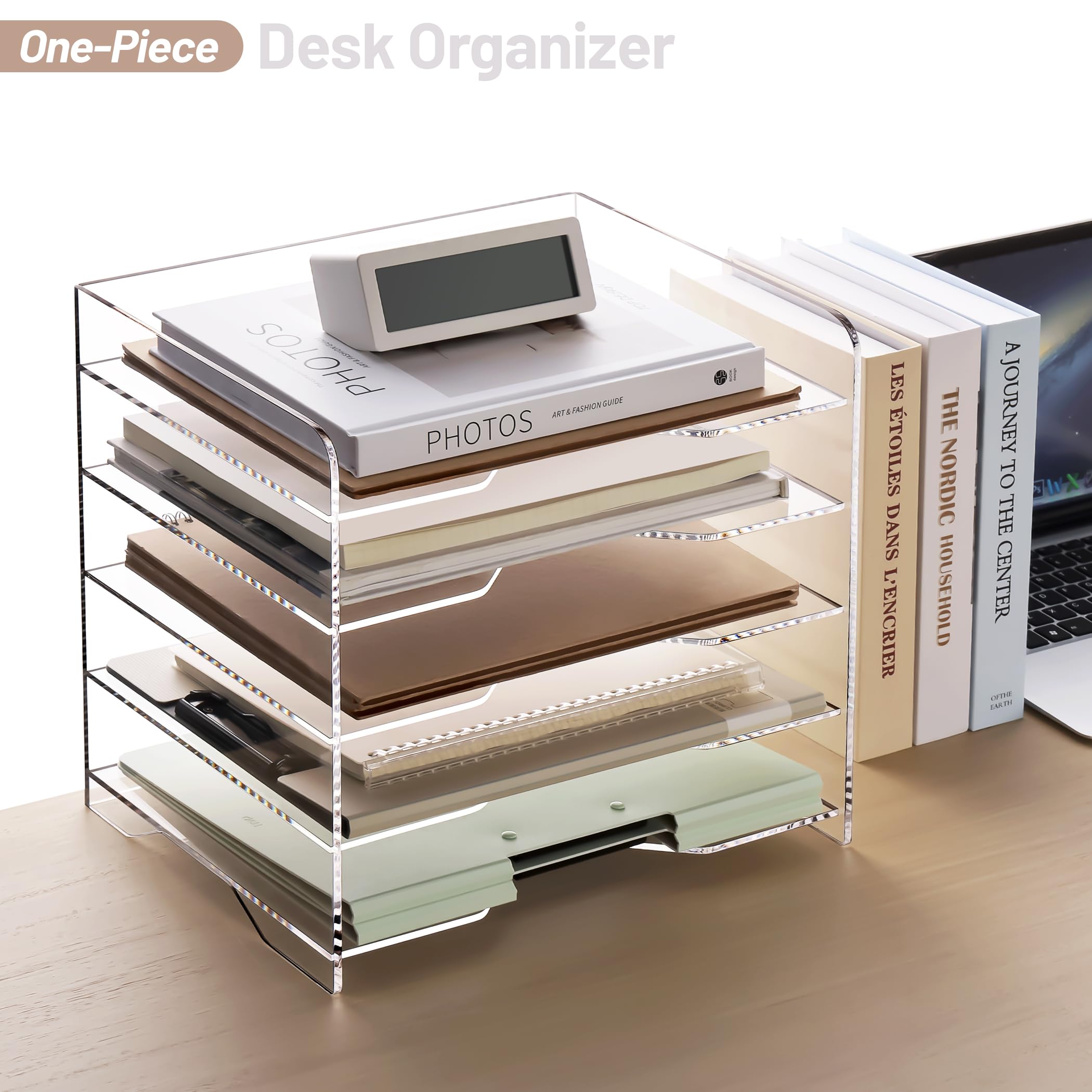 5-Tier Clear Acrylic Desk File Organizer with Handle - Letter Tray Paper Document Holder for Office, Home & Classroom - Perfect for Organizing Mail, Bills, Schoolwork & Office Supplies