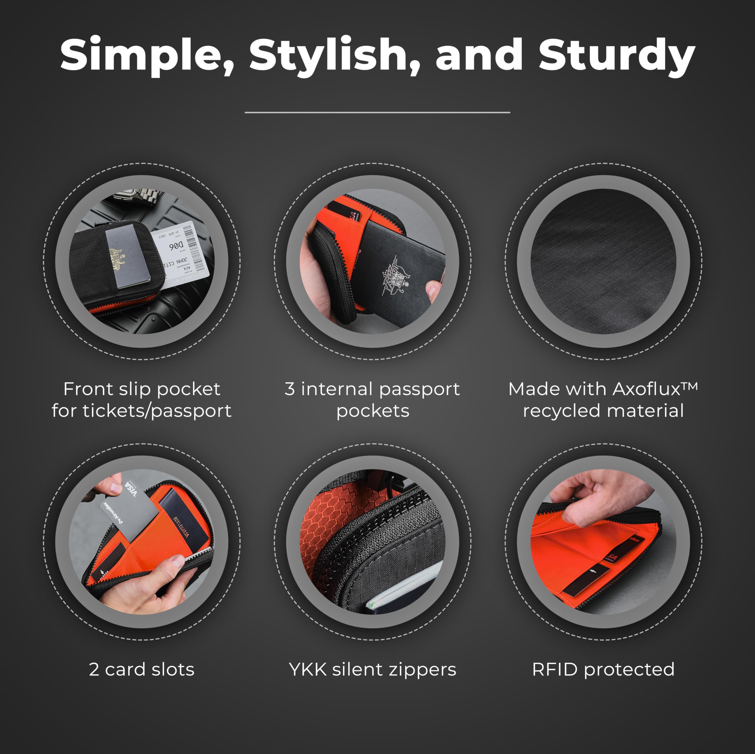 RFID Blocking Travel Wallet - Black Axoflux 210D Passport Holder with Self-Locking Zipper | Tear-Resistant Material | 4 Pockets & 2 Card Slots | HUB Accessories Compatible | Perfect for Air Travel, Business Trips & International Vacations