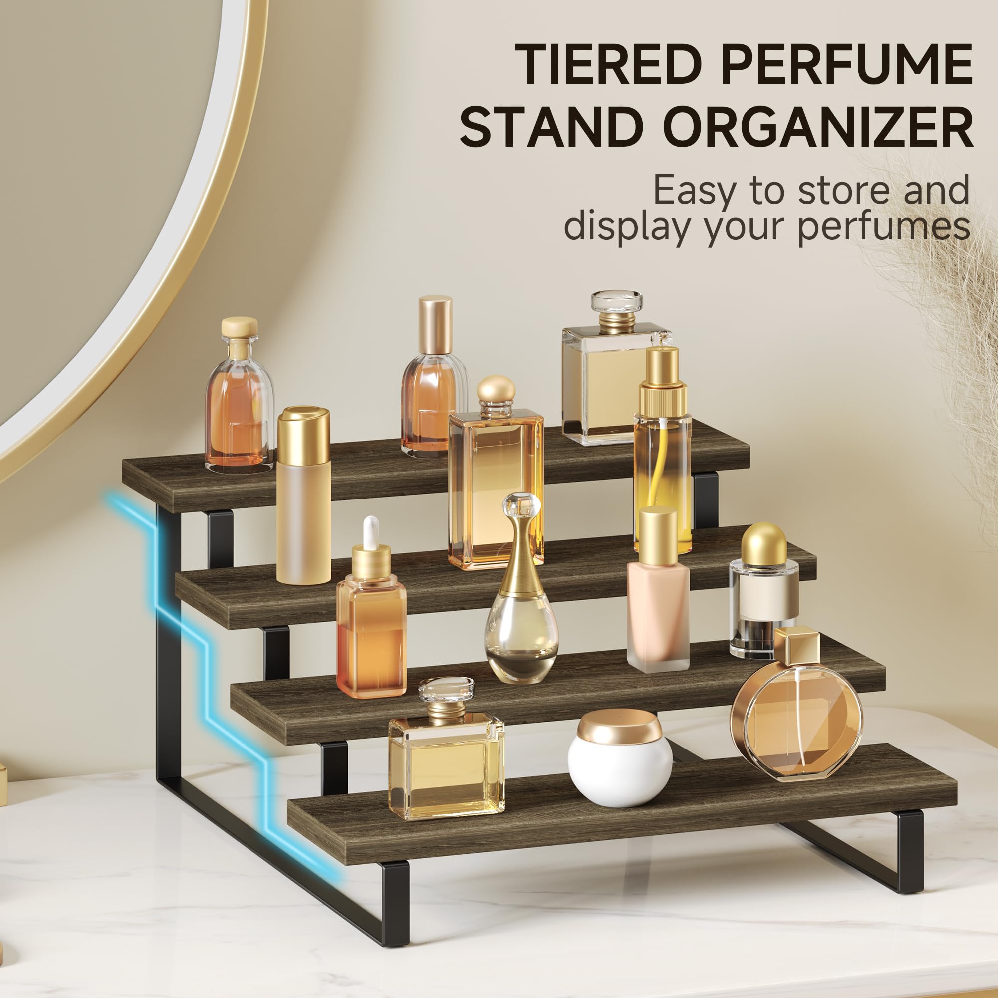 4 Tier Wooden Display Riser Stand - Perfume Organizer, Cupcake Stand, Spice Rack | Decorative Shelf for Bathroom, Kitchen & Retail Display | Perfect for Organizing Perfumes, Spices, Cupcakes & Decorative Items